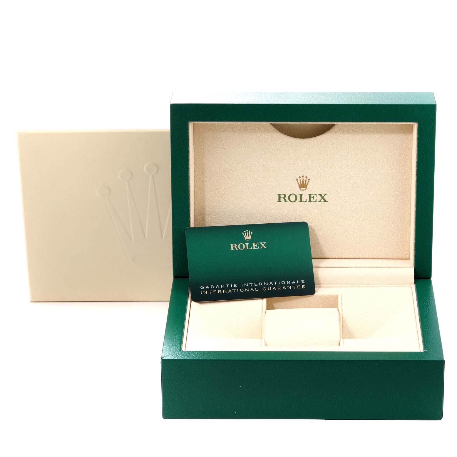 The image shows the open packaging and guarantee card for the Rolex Air-King 116900 Men's Stainless Steel Black Dial 116900 Men's Stainless Steel Black Dial, including the box and its compartments.