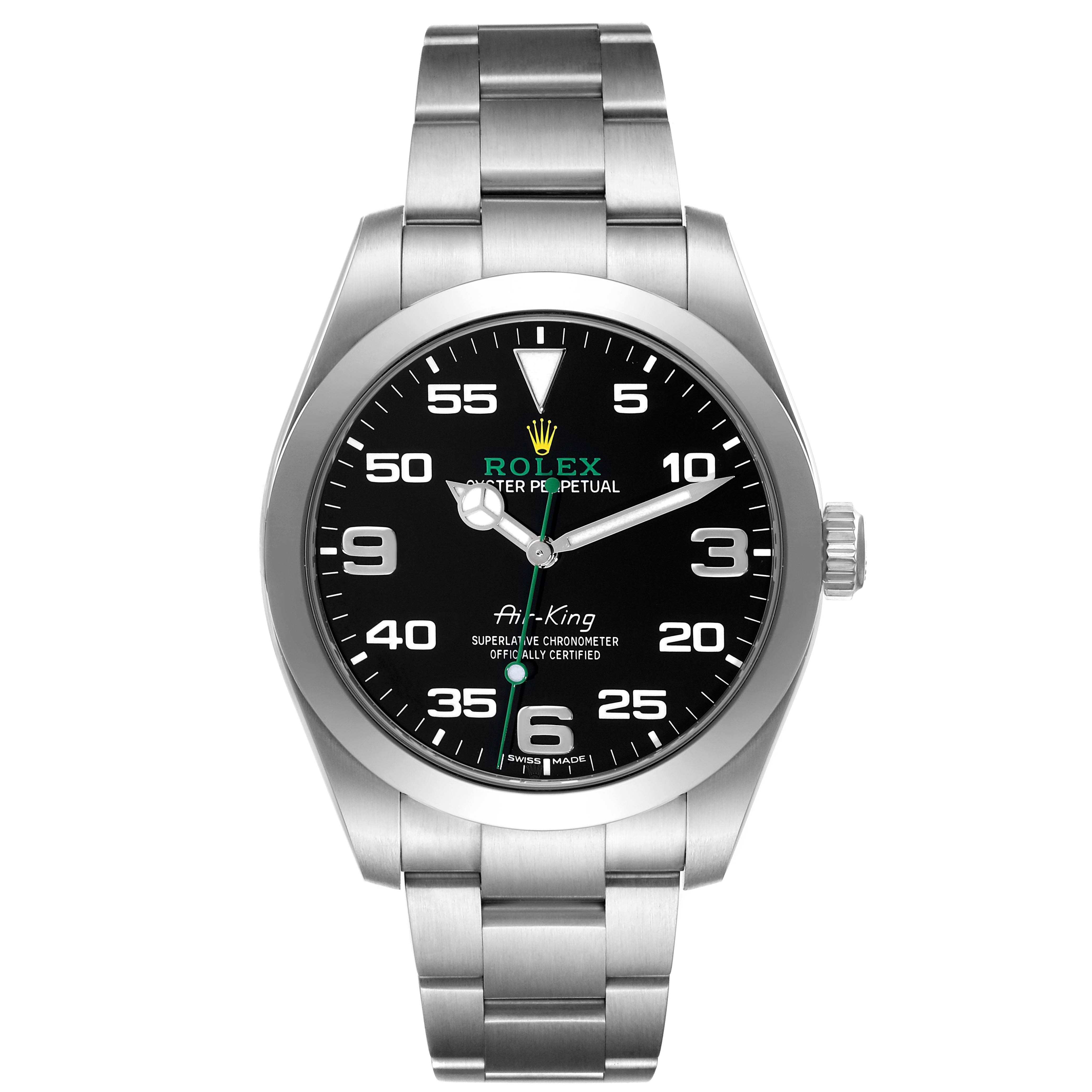 The image shows a frontal view of a Rolex Air-King 116900 Men's Stainless Steel Black Dial 116900 Men's Stainless Steel Black Dial watch, highlighting its black dial, silver bracelet, and crown.
