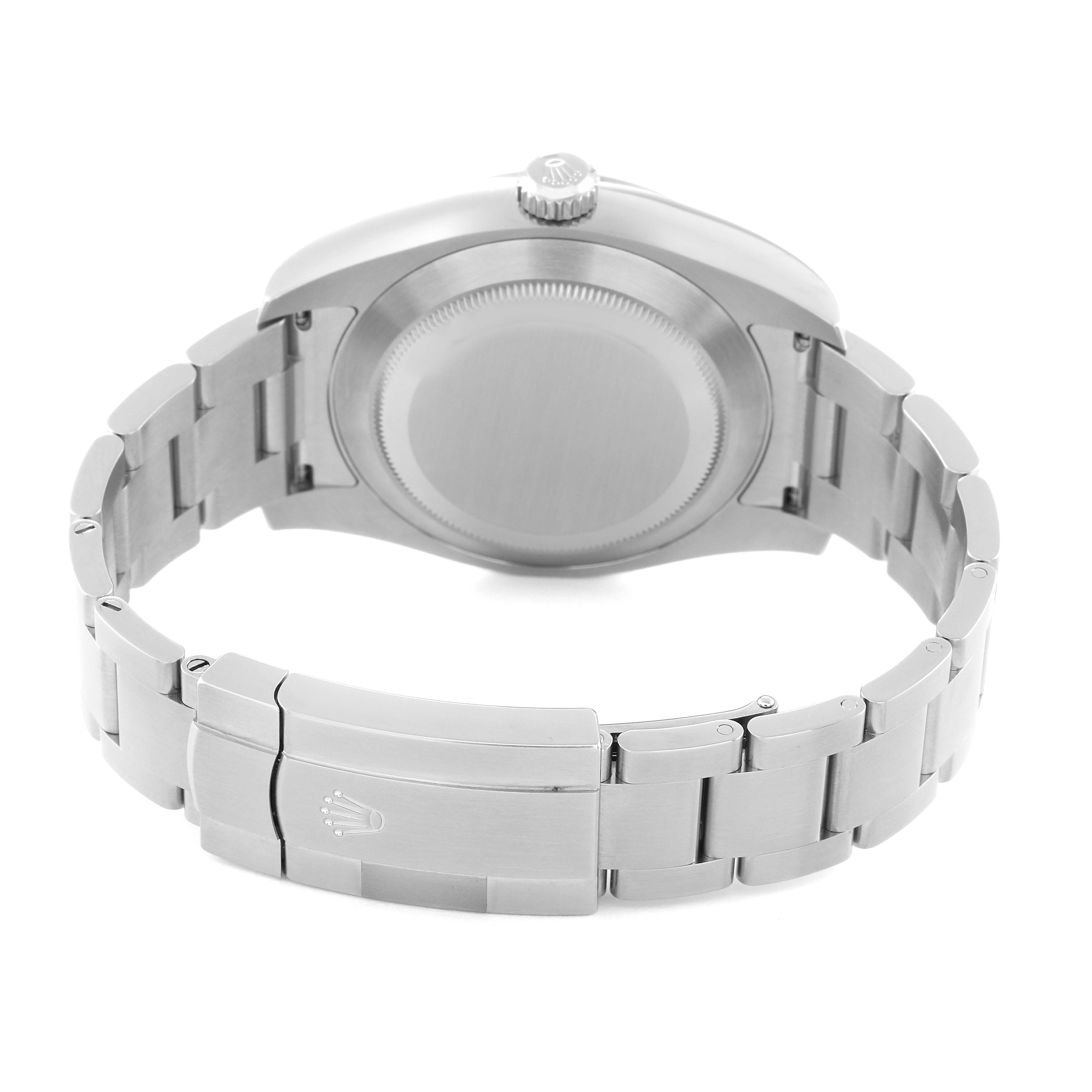 This image shows the back case and bracelet clasp of the Rolex Air-King 116900 Men's Stainless Steel Black Dial 116900 Men's Stainless Steel Black Dial watch from a rear view angle.