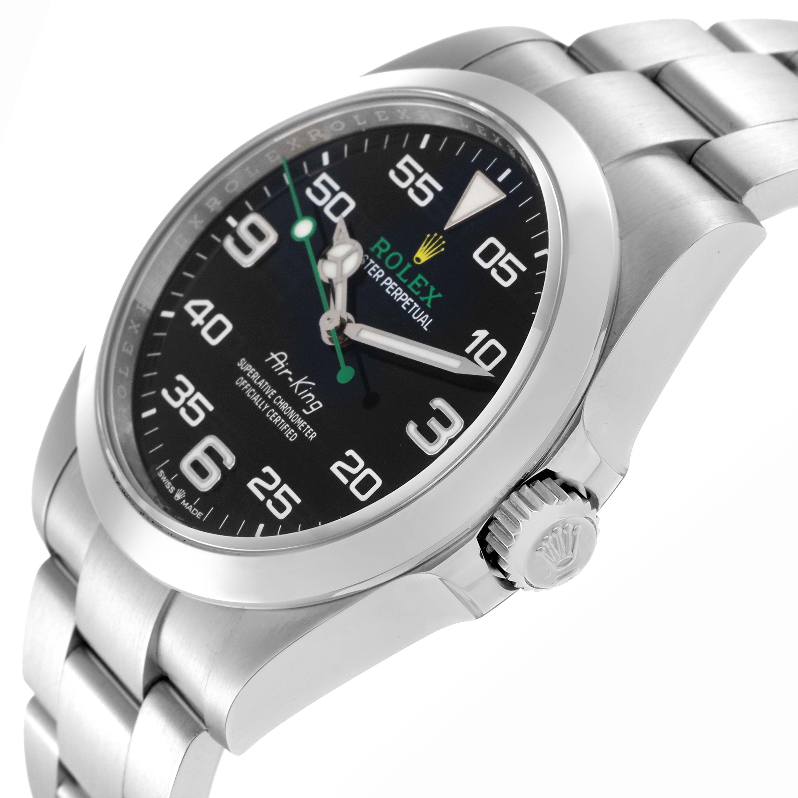 The Rolex Air-King 126900 Men
s Stainless Steel Black Dial 126900 Men
s Stainless Steel Black Dial watch is shown from a side angle, highlighting the bezel, crown, and part of the bracelet.