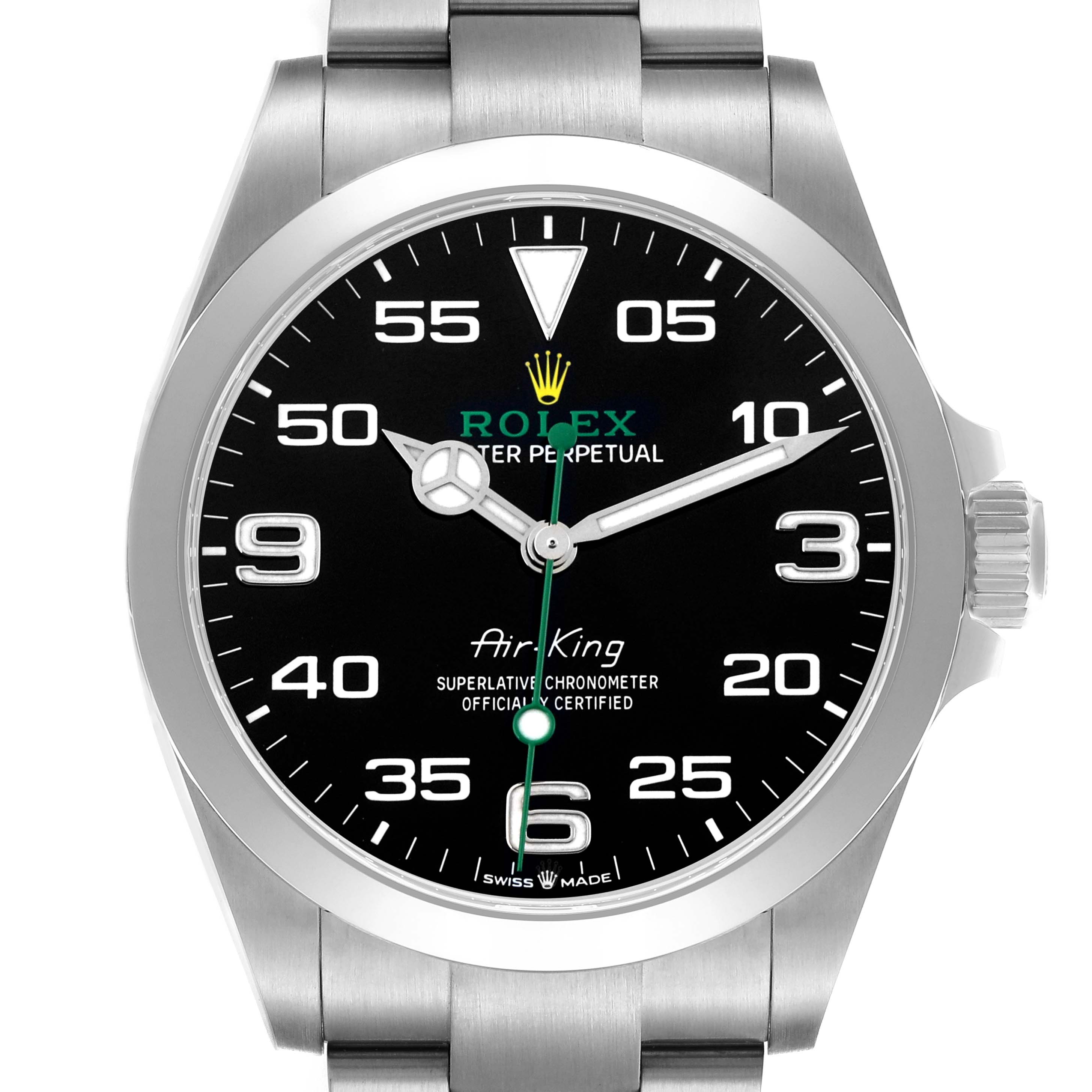 The Rolex Air-King 126900 Men
s Stainless Steel Black Dial 126900 Men
s Stainless Steel Black Dial watch is shown from a front view, displaying the dial, bezel, crown, and part of the bracelet.