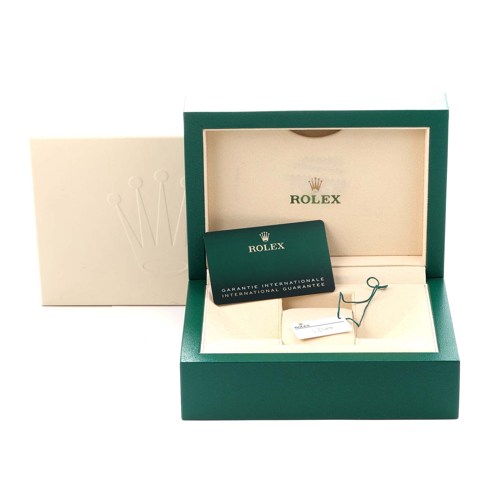 The image shows a Rolex Air-King 126900 Men
s Stainless Steel Black Dial 126900 Men
s Stainless Steel Black Dial watch box open, with warranty card and tag visible, shot from the front.