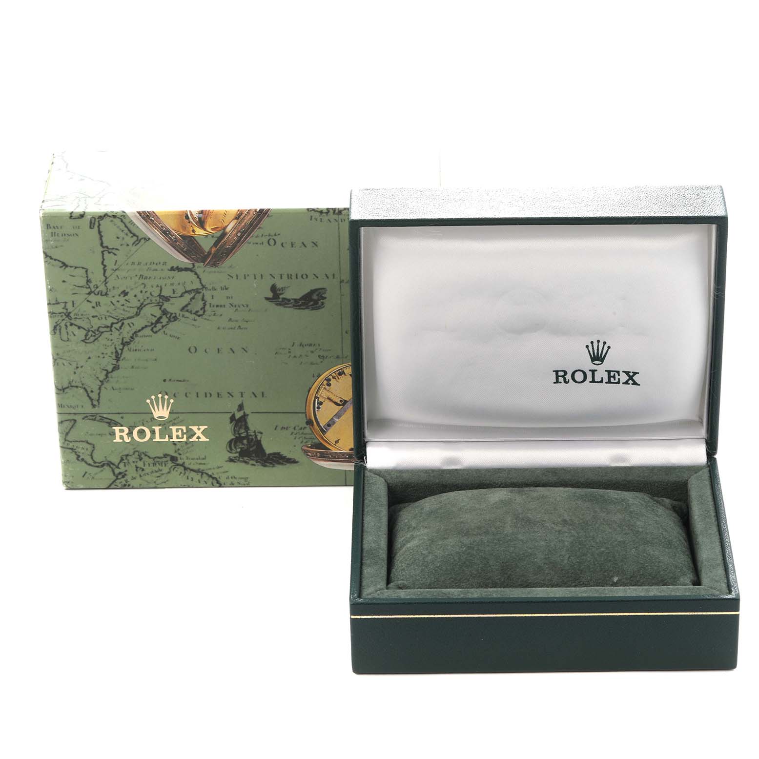 The image shows an open Rolex Oyster Perpetual 67180 Women
s Stainless Steel Black Dial 67180 Women
s Stainless Steel Black Dial watch box with a green exterior and soft interior cushion, alongside a decorative outer box.