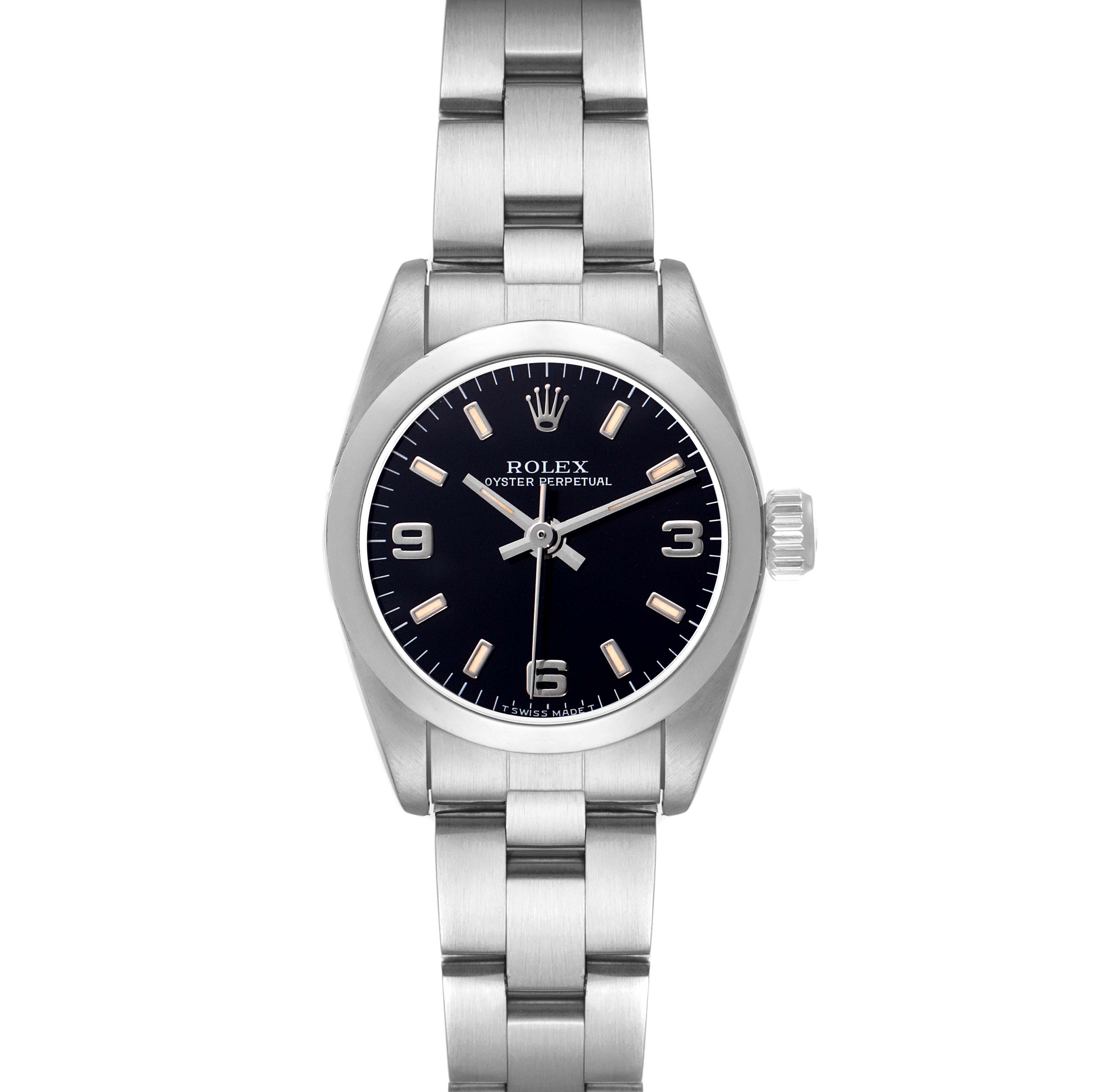 The Rolex Oyster Perpetual 67180 Women
s Stainless Steel Black Dial 67180 Women
s Stainless Steel Black Dial watch is shown from a front view, featuring its dial, bezel, bracelet, and crown.