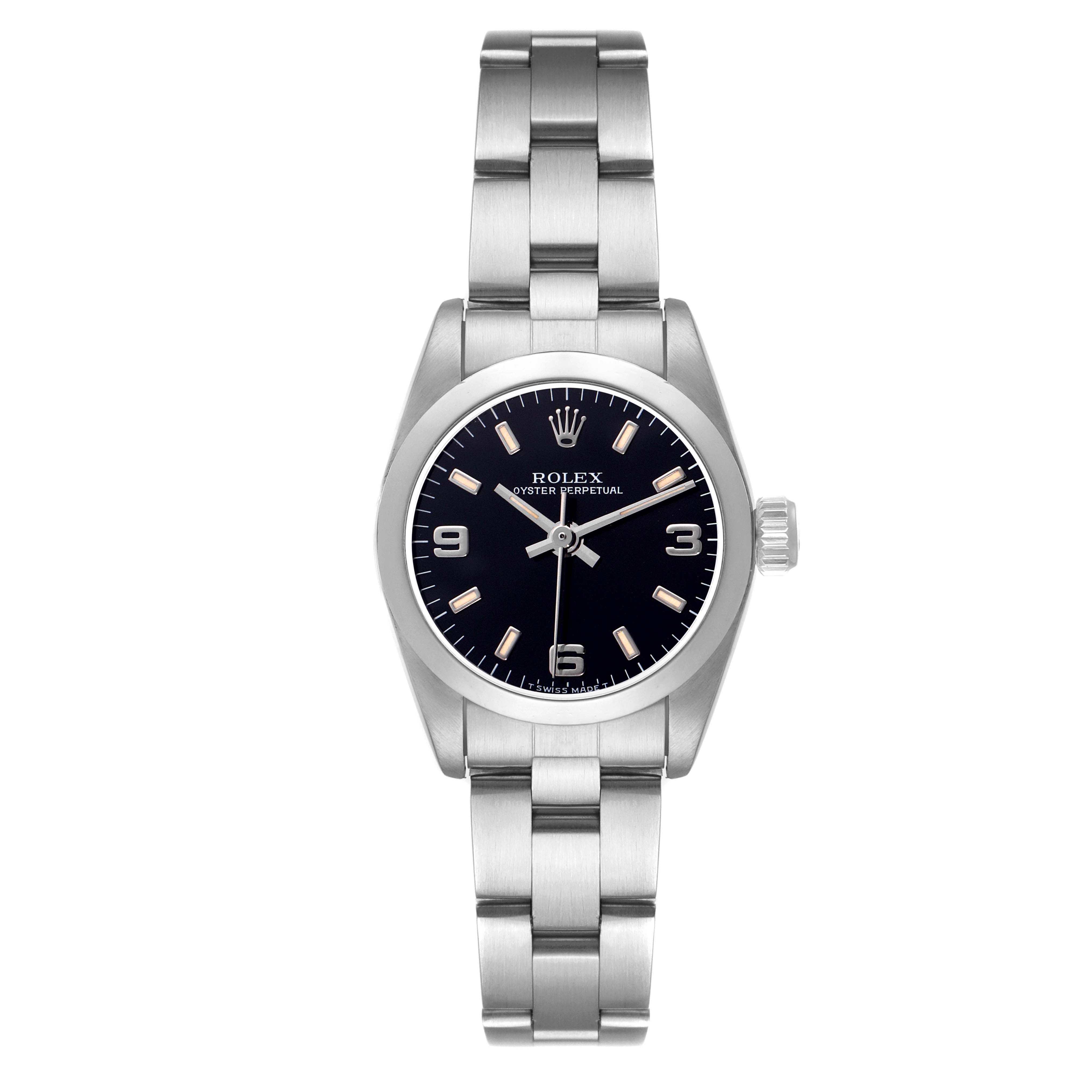 The Rolex Oyster Perpetual 67180 Women
s Stainless Steel Black Dial 67180 Women
s Stainless Steel Black Dial watch is shown from a front angle, displaying its dial, bezel, case, and bracelet.