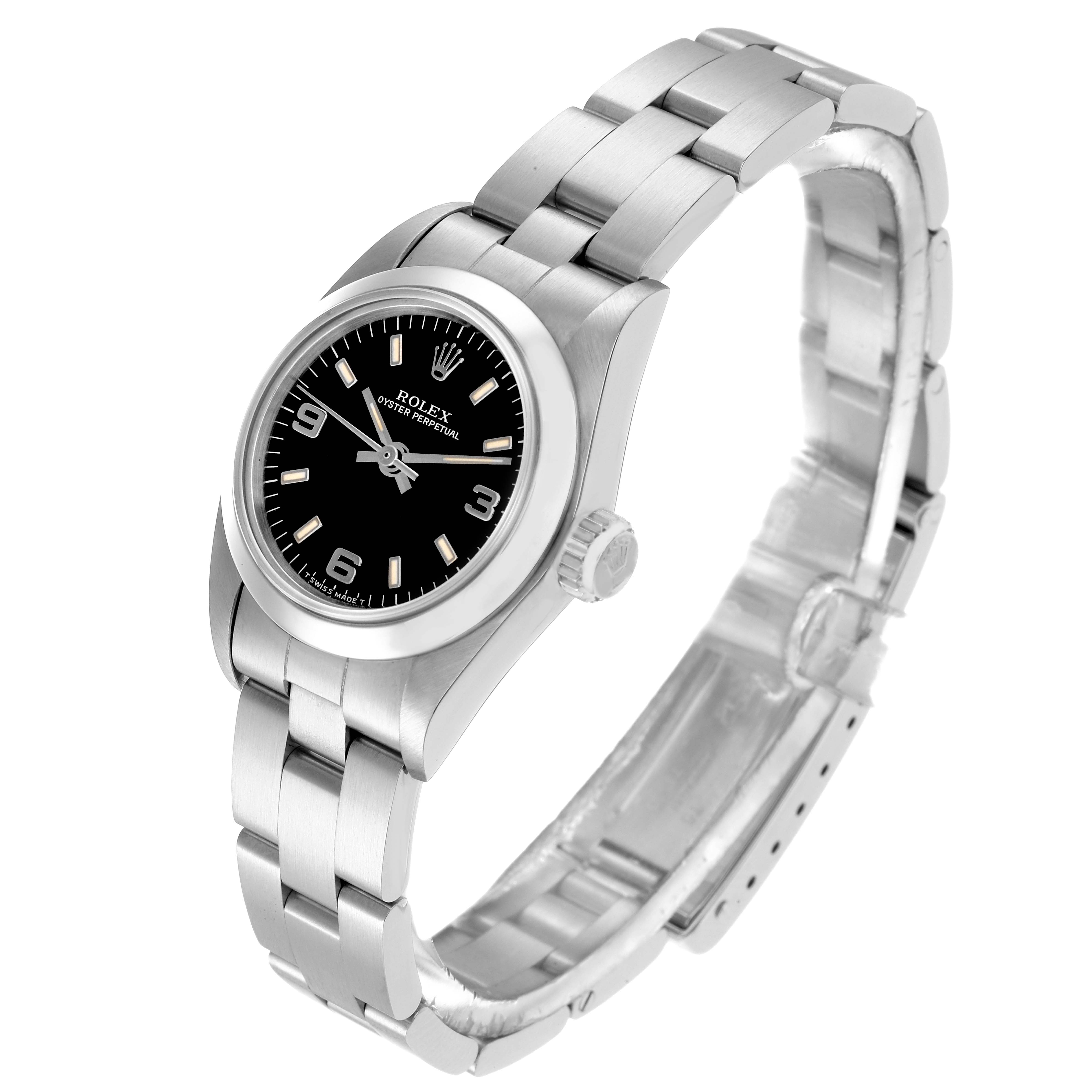 The Rolex Oyster Perpetual 67180 Women
s Stainless Steel Black Dial 67180 Women
s Stainless Steel Black Dial watch is shown at a three-quarter angle, displaying the face, bezel, crown, and bracelet.