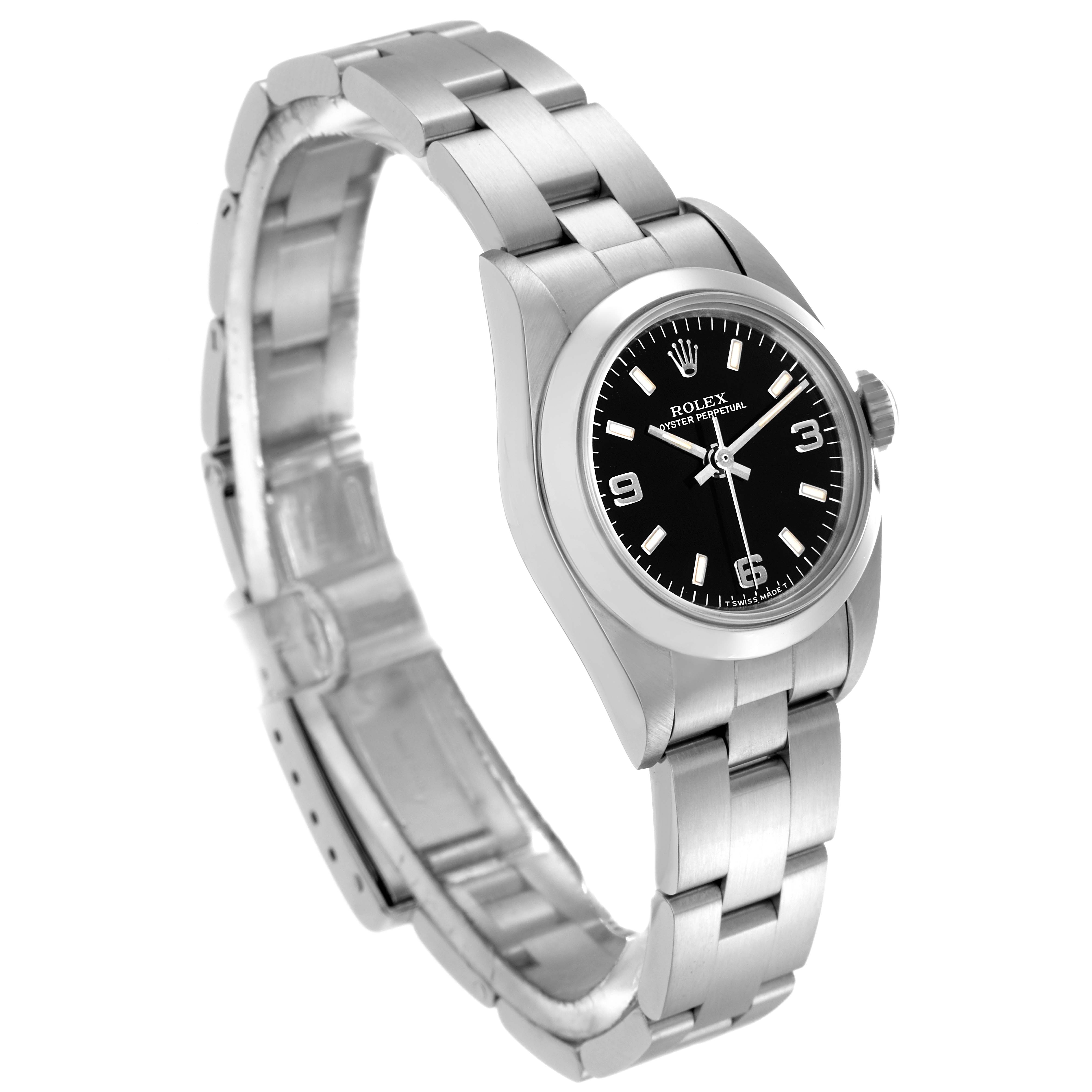 The Rolex Oyster Perpetual 67180 Women
s Stainless Steel Black Dial 67180 Women
s Stainless Steel Black Dial watch is shown at a three-quarter angle highlighting the bracelet, case, and black dial.