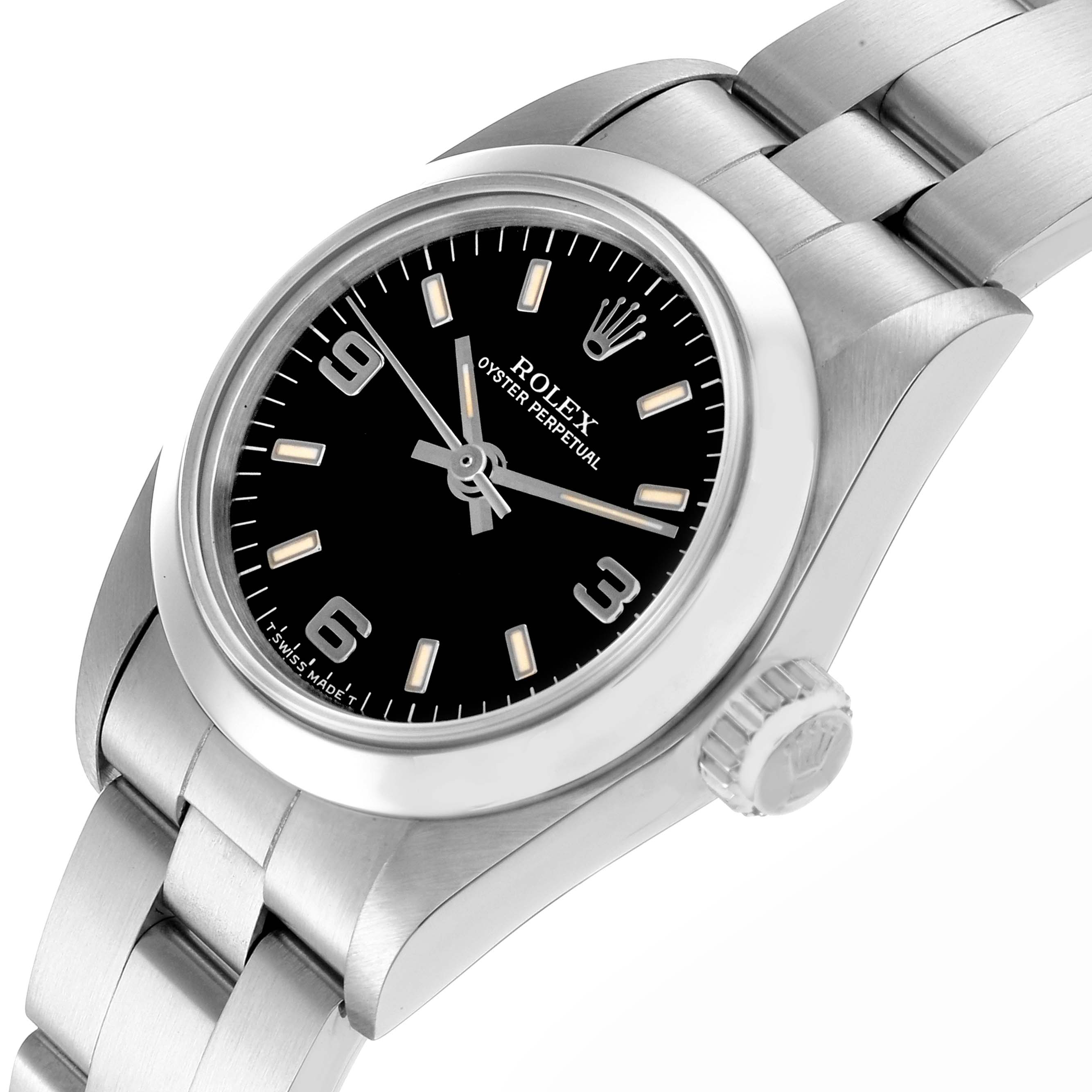 The Rolex Oyster Perpetual 67180 Women
s Stainless Steel Black Dial 67180 Women
s Stainless Steel Black Dial watch is shown at an angled view displaying the dial, bezel, and part of the bracelet.