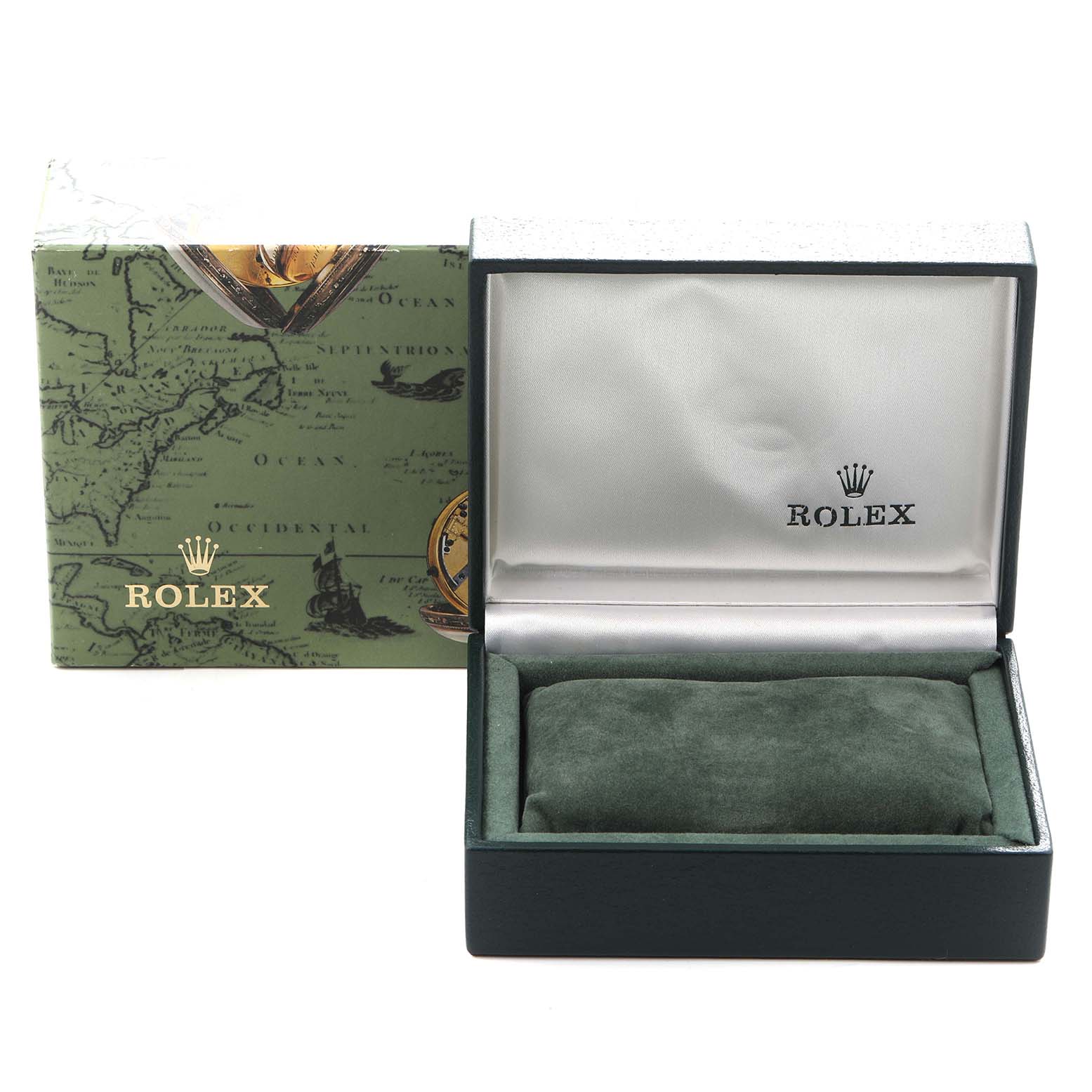 The image shows a Rolex Oyster Perpetual 76080 Women
s Stainless Steel Blue Dial 76080 Women
s Stainless Steel Blue Dial watch box with a cushion inside, viewed from the front.