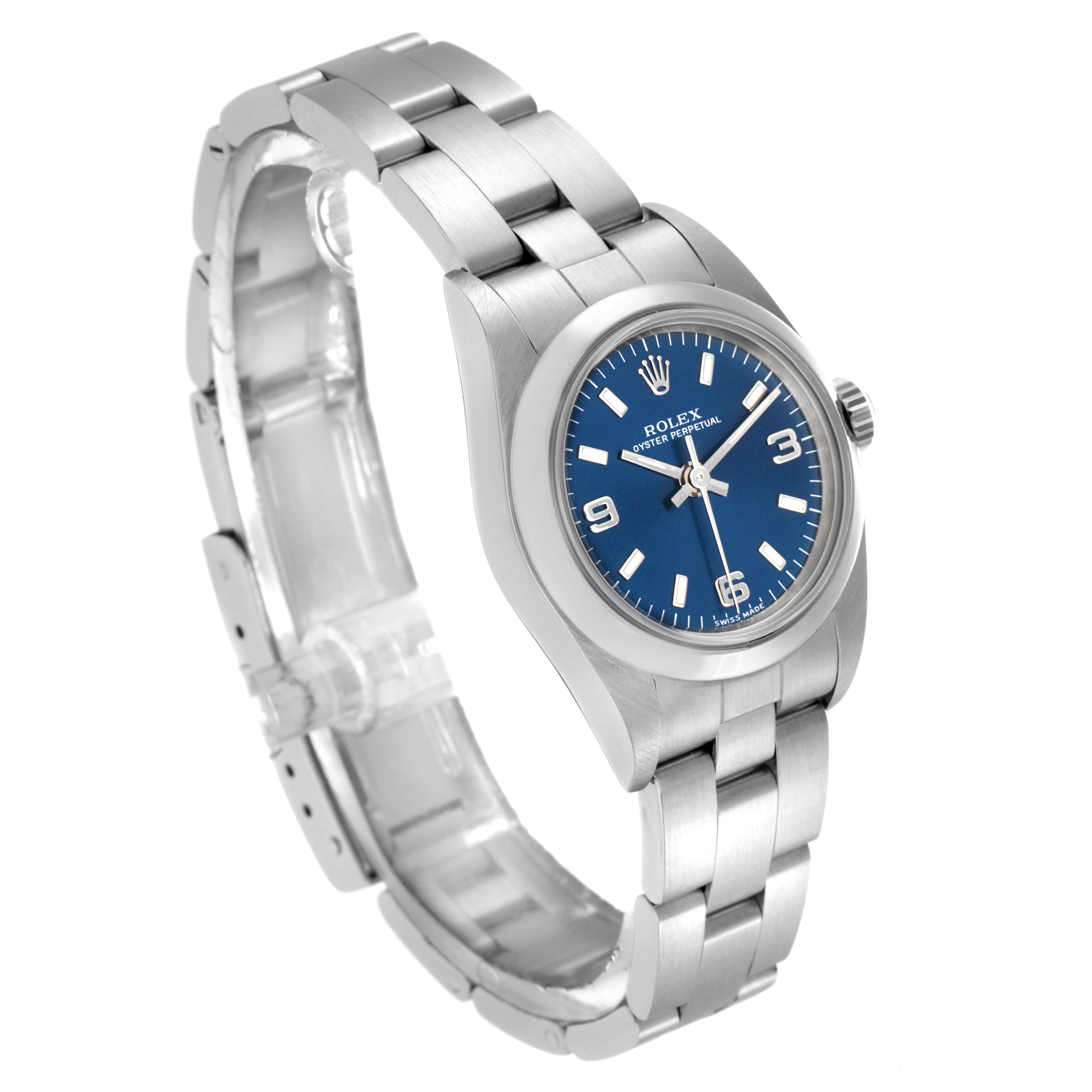 The Rolex Oyster Perpetual 76080 Women
s Stainless Steel Blue Dial 76080 Women
s Stainless Steel Blue Dial watch is shown at a slight angle, displaying the blue dial, stainless steel case, and bracelet.