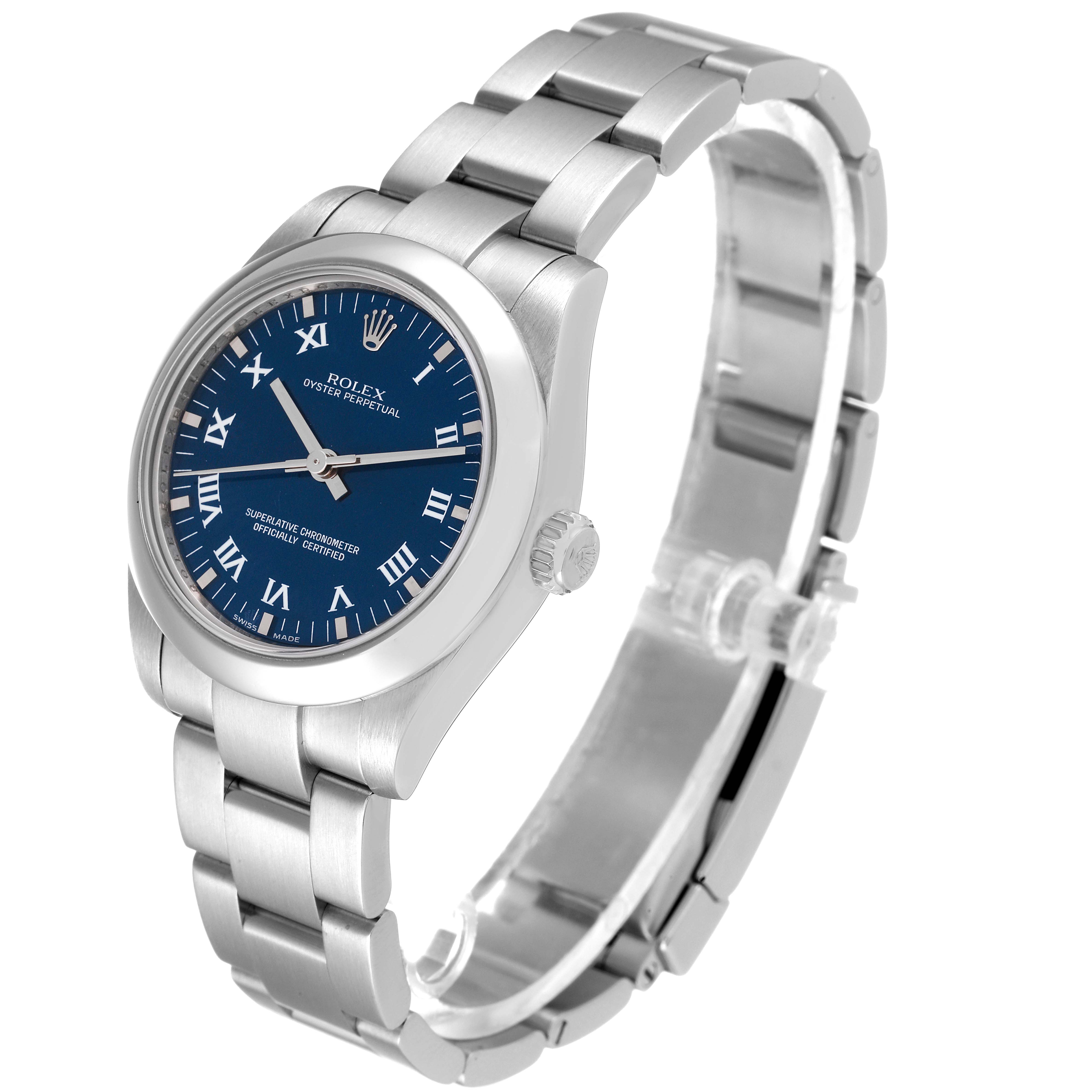 The image shows a Rolex Mid-Size 177200 Women
s Stainless Steel Blue Dial 177200 Women
s Stainless Steel Blue Dial Oyster Perpetual watch from an angled side view, highlighting the bracelet, crown, and blue dial.