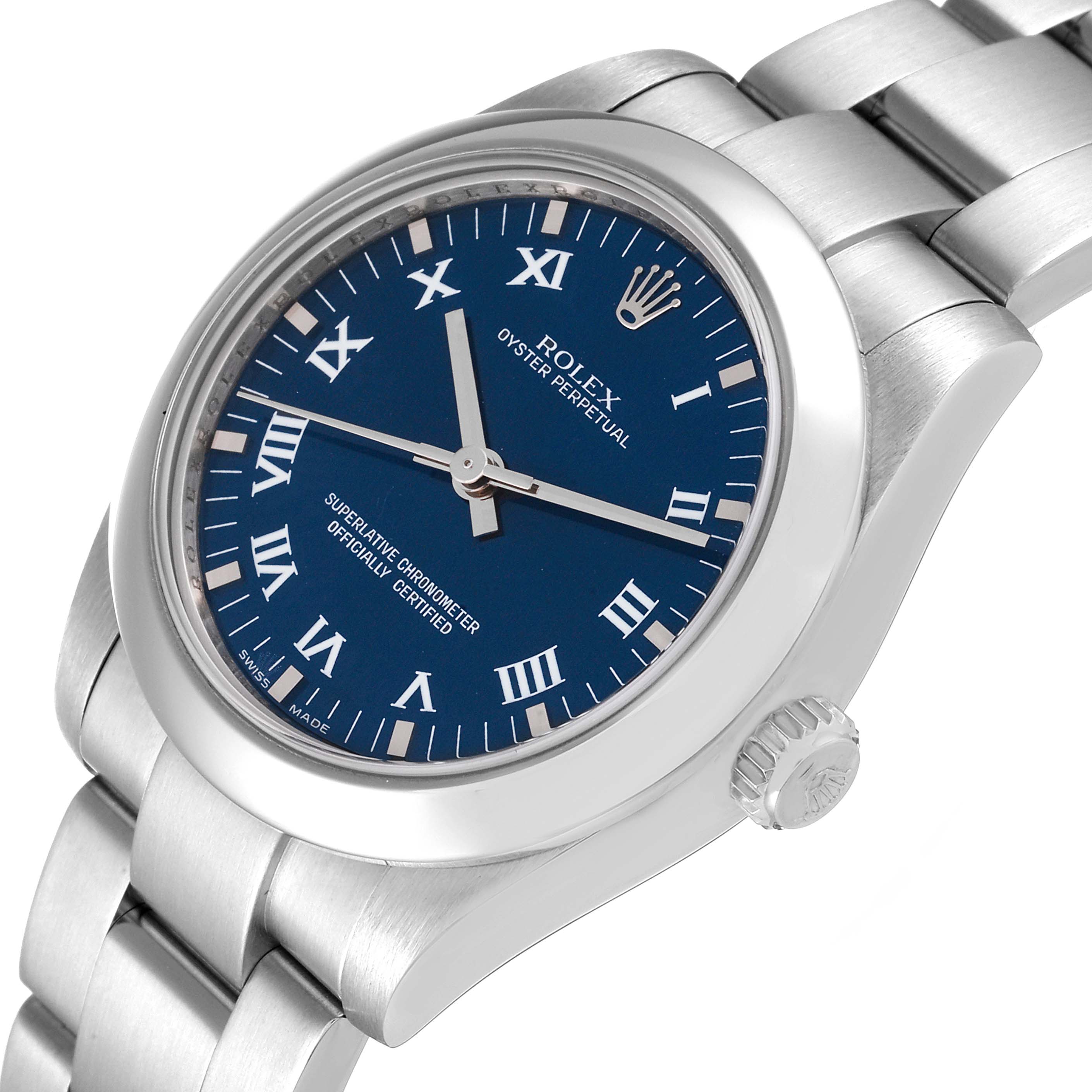 The Rolex Mid-Size 177200 Women
s Stainless Steel Blue Dial 177200 Women
s Stainless Steel Blue Dial model is shown at an angled view, displaying its blue dial, Roman numerals, and stainless steel bracelet.