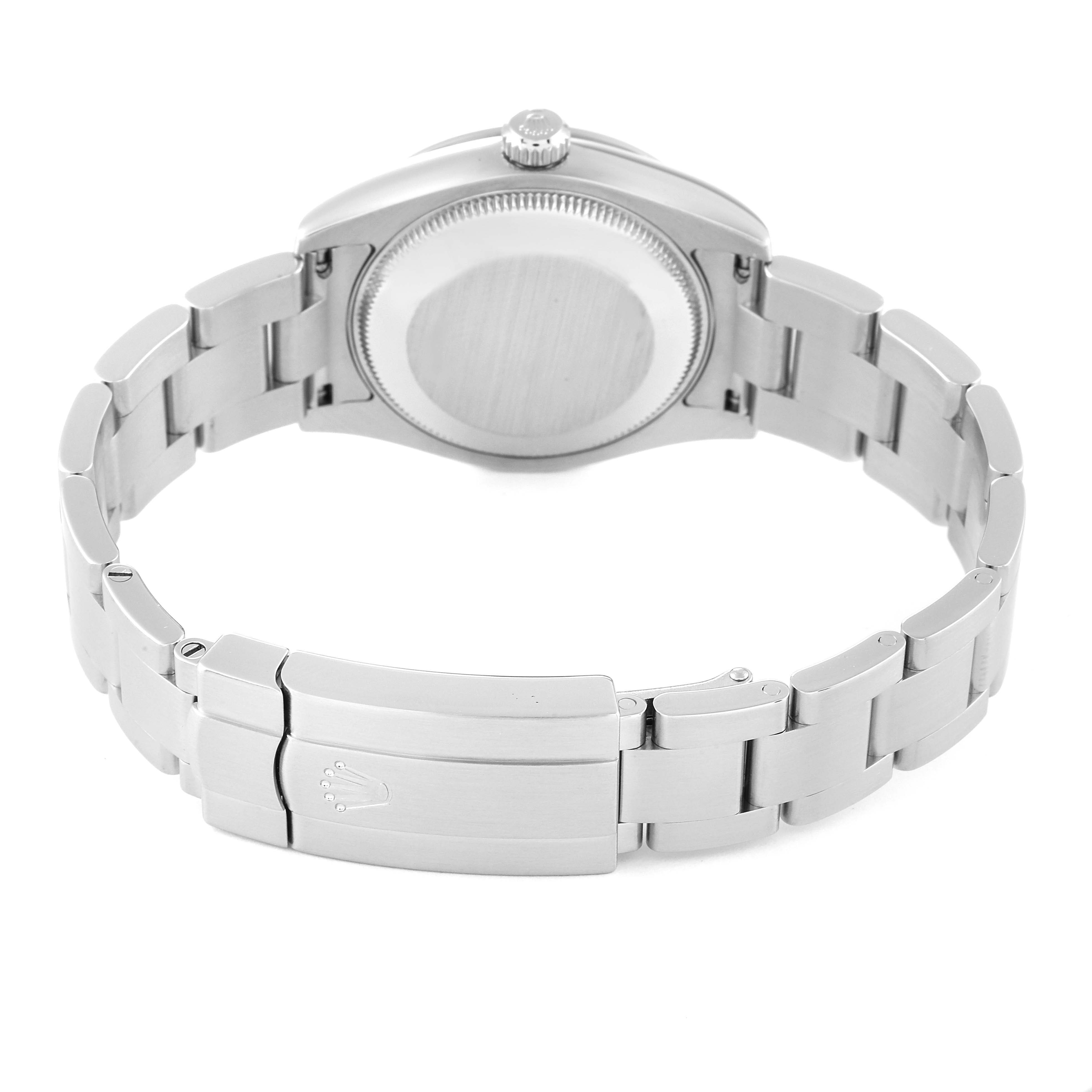 The image shows the back view of a Rolex Mid-Size 177200 Women
s Stainless Steel Blue Dial 177200 Women
s Stainless Steel Blue Dial model, highlighting its stainless steel bracelet and clasp.