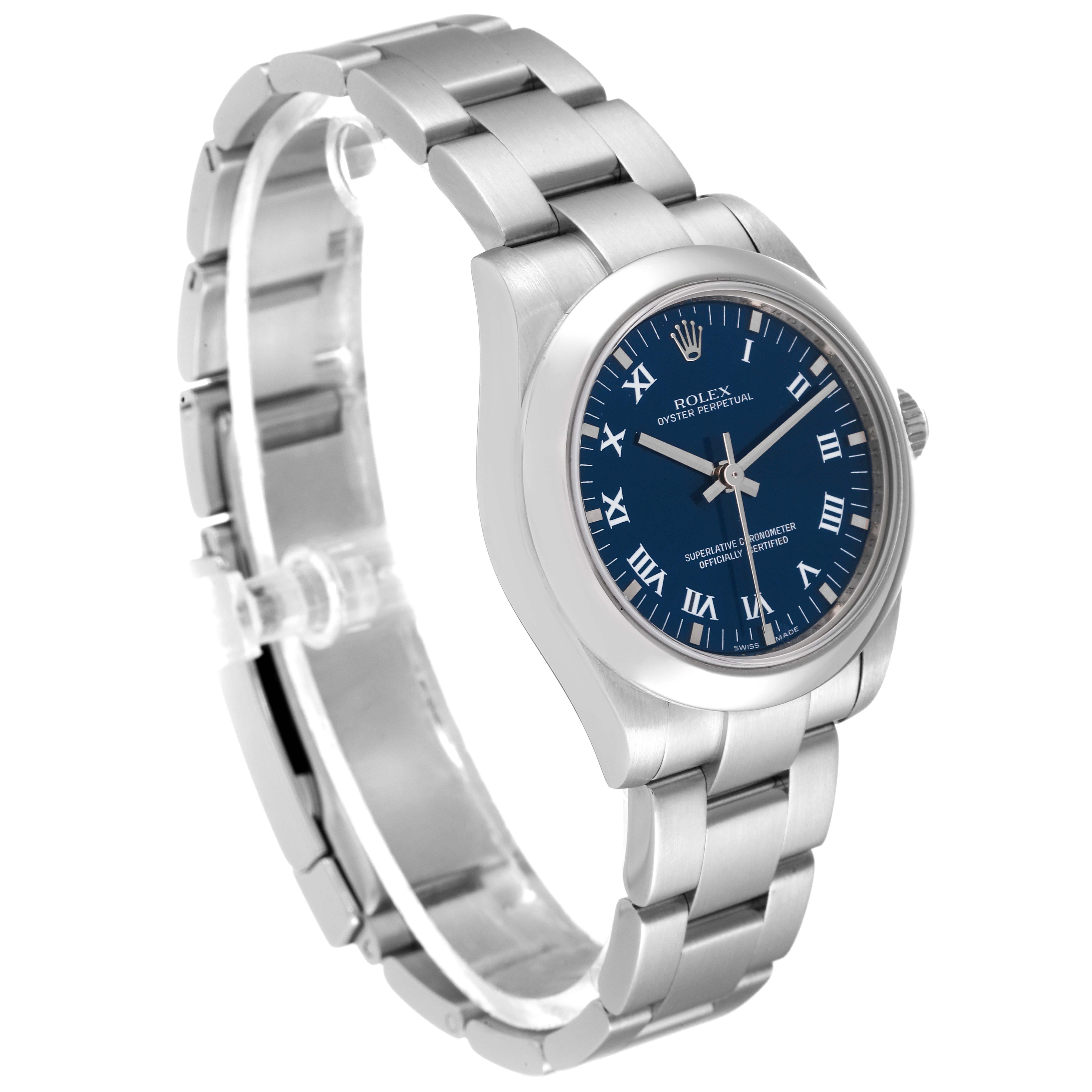 The Rolex Mid-Size 177200 Women
s Stainless Steel Blue Dial 177200 Women
s Stainless Steel Blue Dial model showcases its blue dial and stainless steel bracelet from a three-quarter angle.