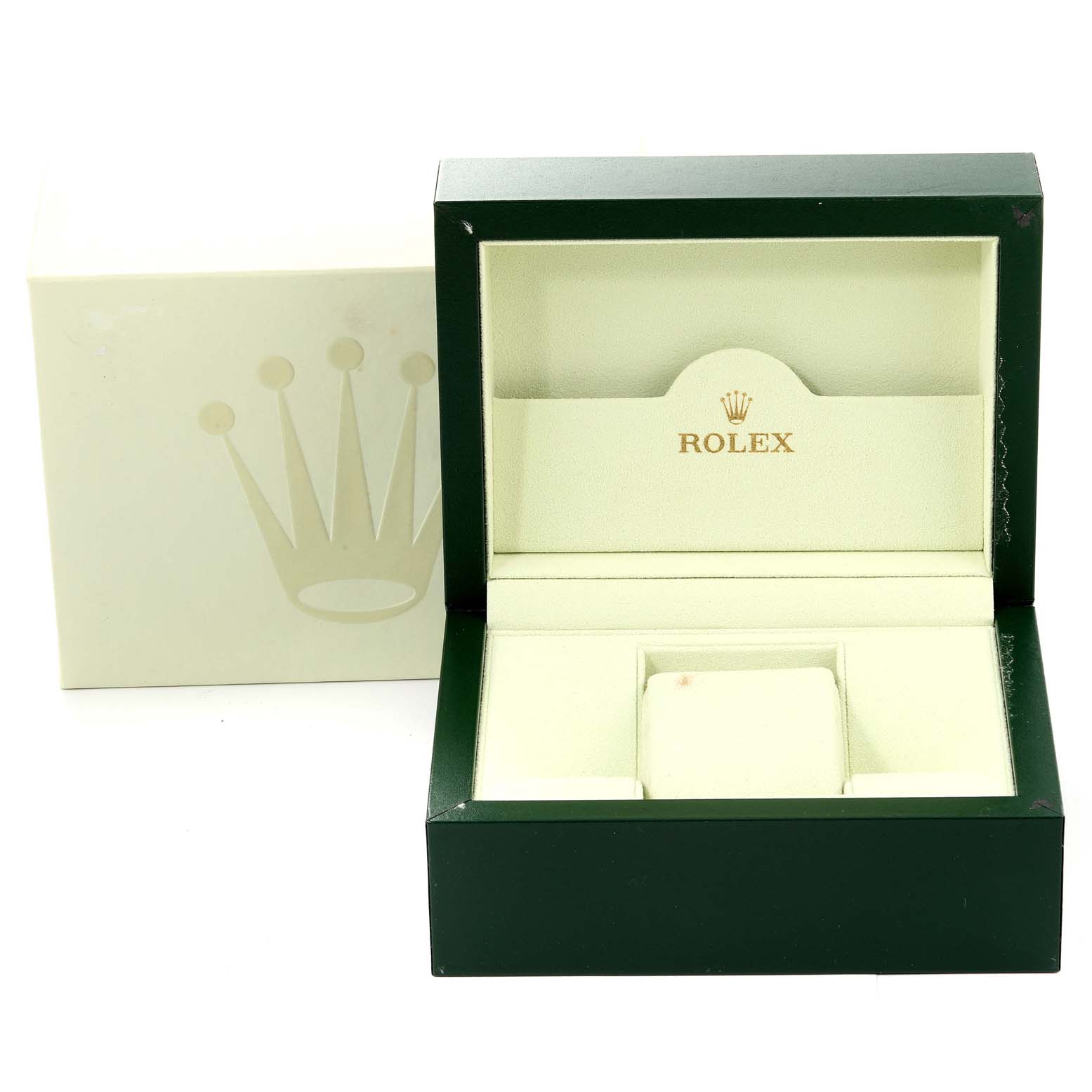 The image shows an open box for a mid-size Rolex watch, displaying the interior compartments and branding.