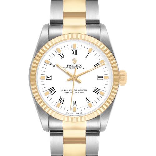 The Rolex Oyster Perpetual 67513 Women's Steel and Gold (two tone) White Dial watch is shown from the front, highlighting the dial, bezel, and bracelet.