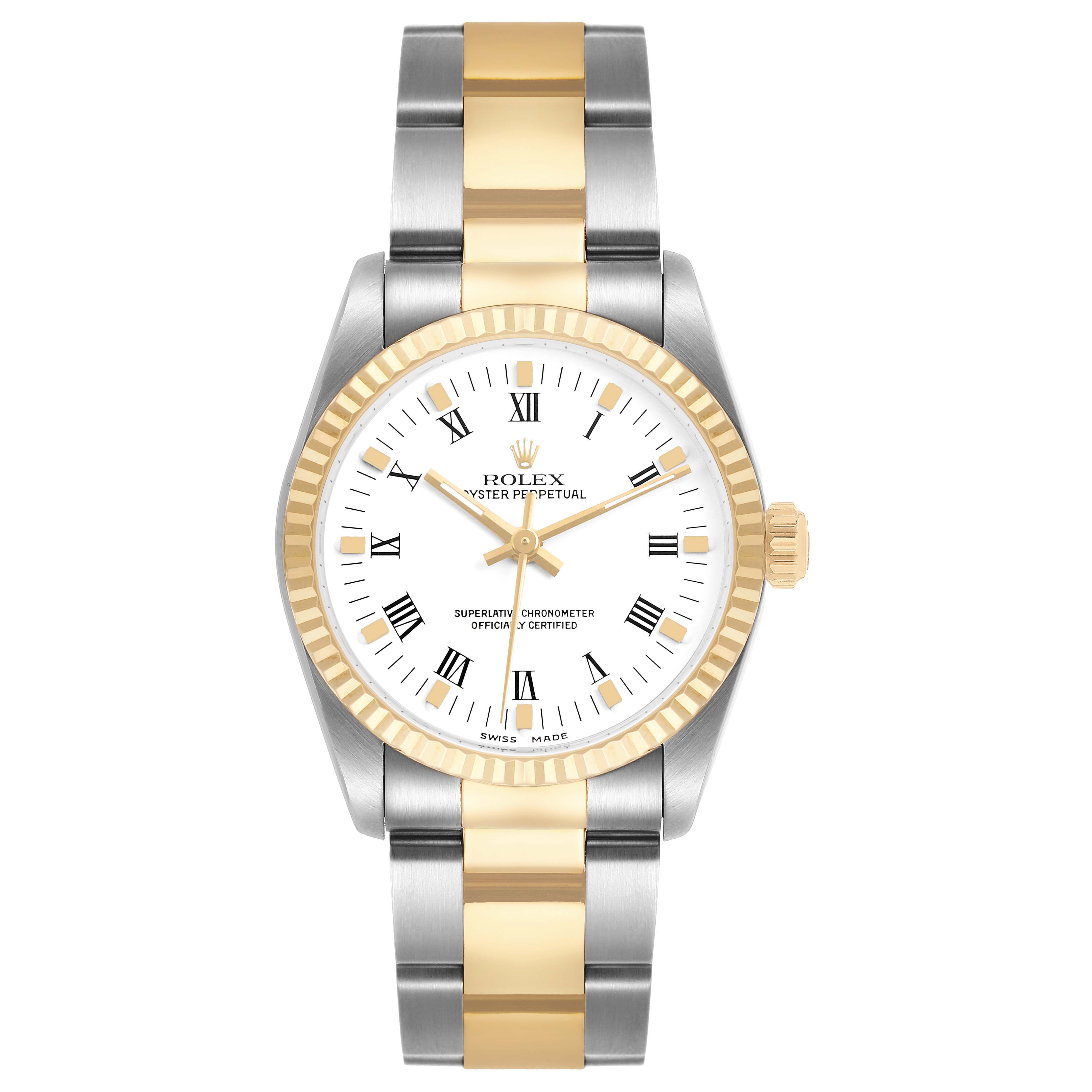 The Rolex Oyster Perpetual 67513 Women's Steel and Gold (two tone) White Dial watch is shown from a front angle, displaying its face, bezel, and bracelet.