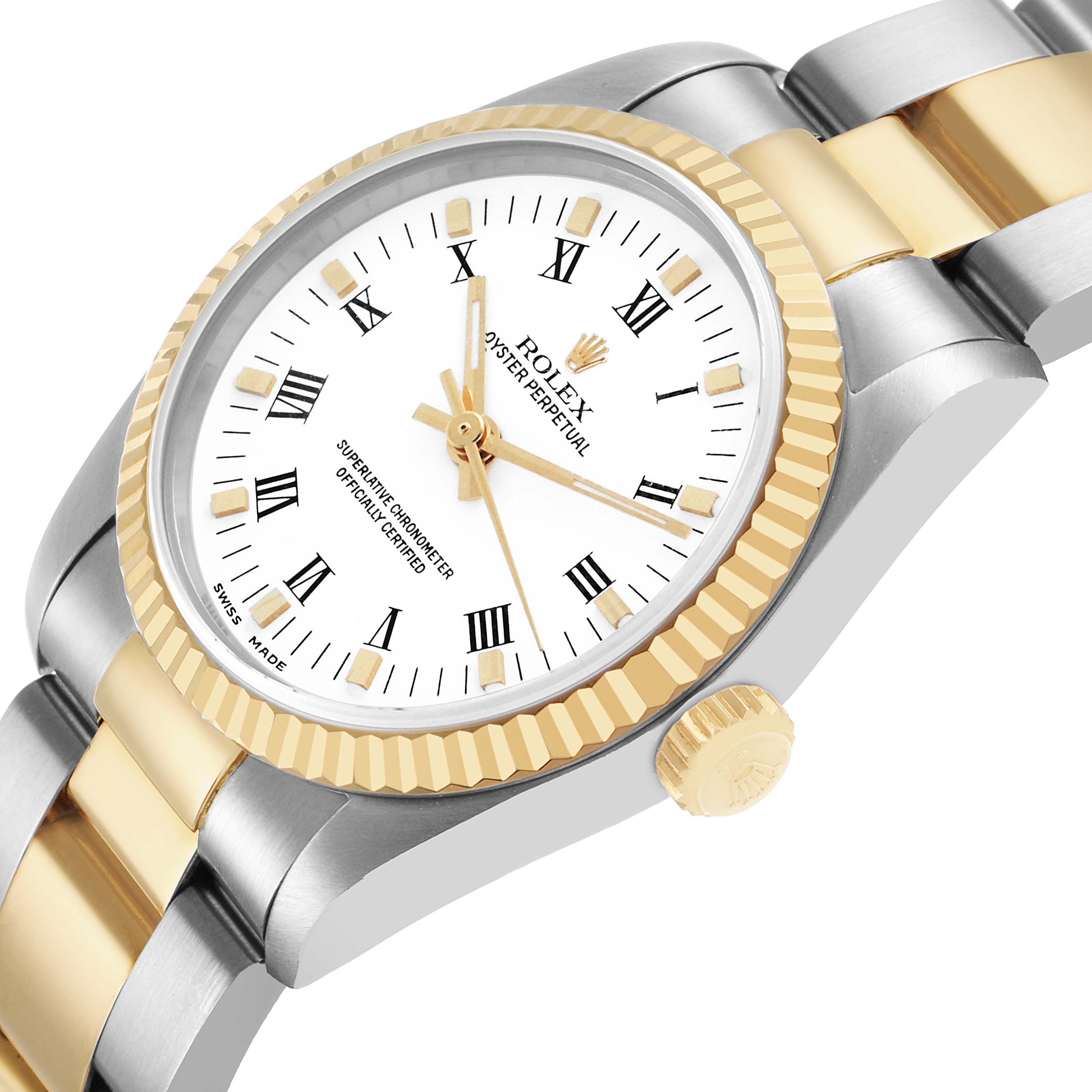 The Rolex Oyster Perpetual 67513 Women's Steel and Gold (two tone) White Dial is shown at a tilted angle, highlighting its bezel, crown, and two-tone bracelet.