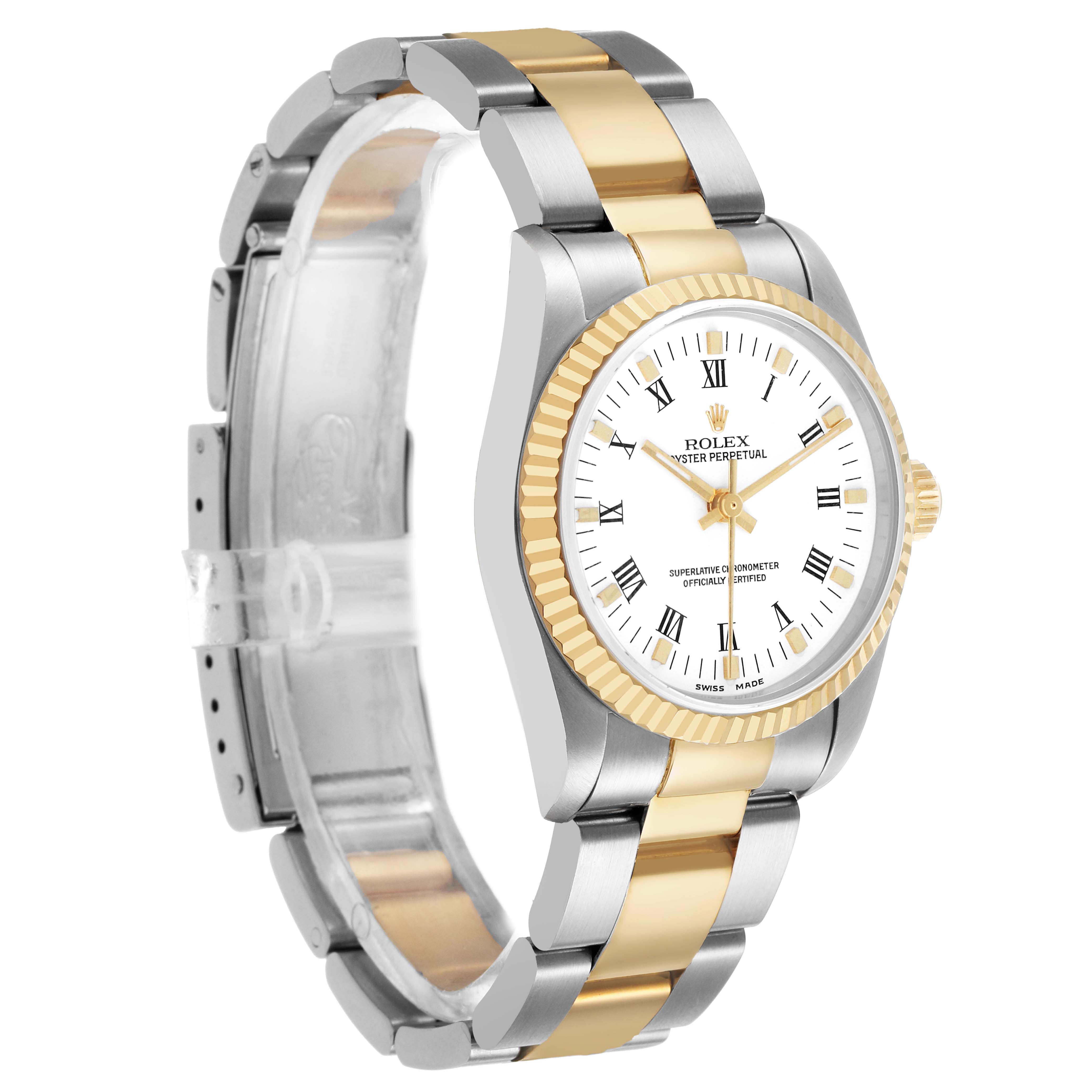 The Rolex Oyster Perpetual 67513 Women's Steel and Gold (two tone) White Dial watch is shown at an angle highlighting its two-tone bracelet, fluted bezel, and dial.