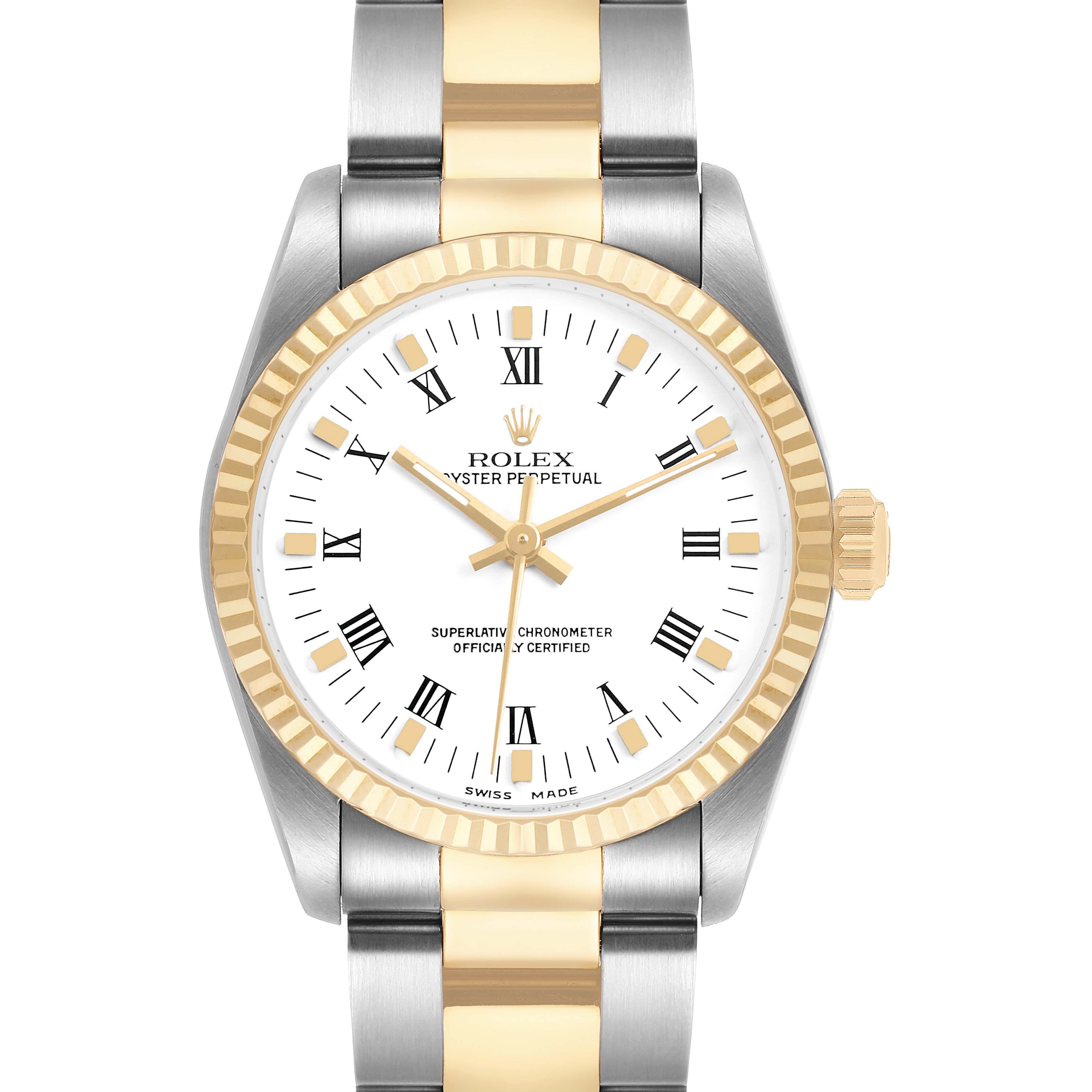 The Rolex Oyster Perpetual 67513 Women's Steel and Gold (two tone) White Dial is shown from the front, highlighting the bezel, dial, and bracelet.