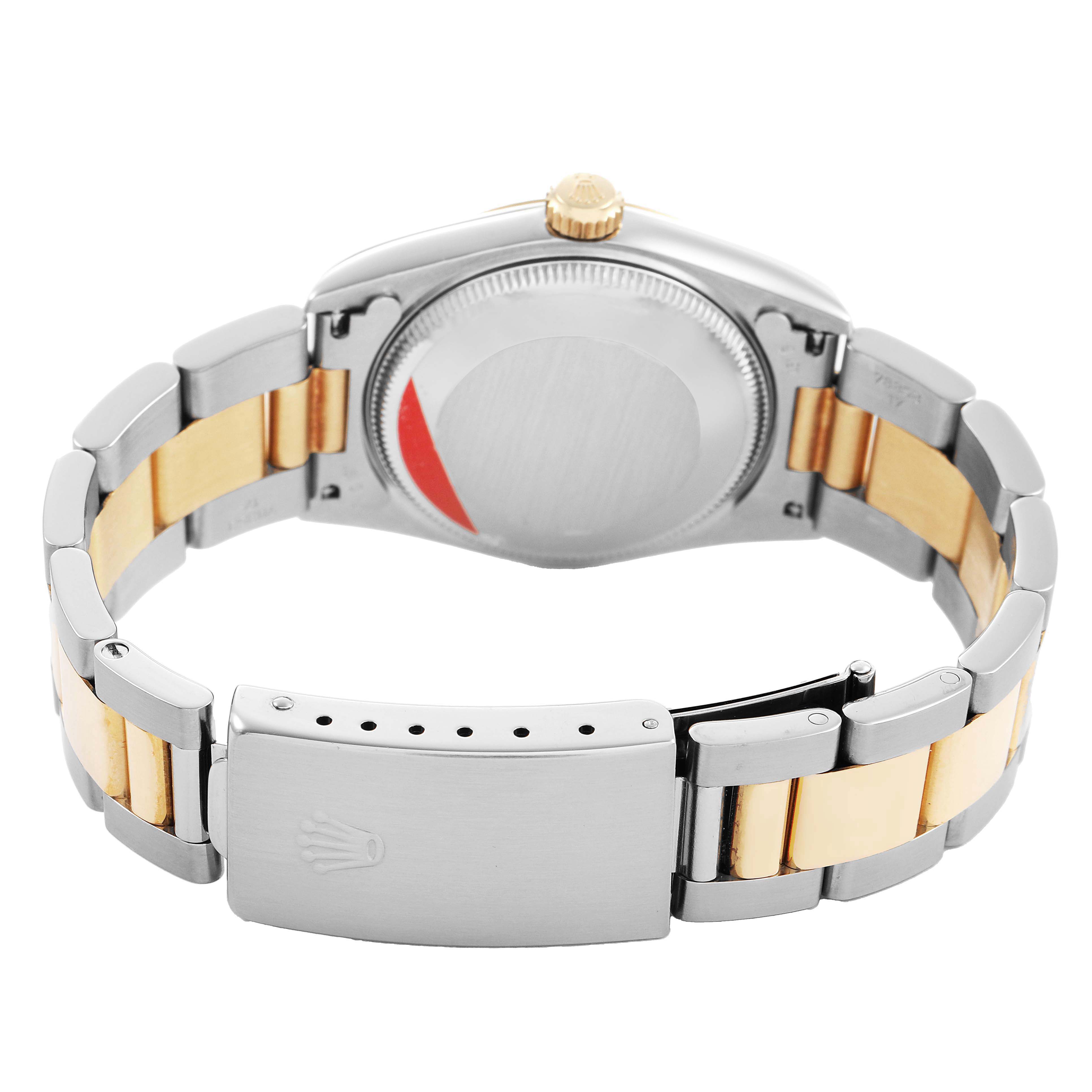 The Rolex Oyster Perpetual 67513 Women's Steel and Gold (two tone) White Dial watch is shown from the back, highlighting the clasp, bracelet, and case back.