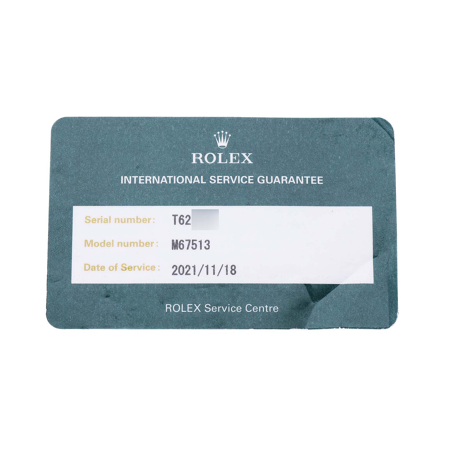 This image shows a Rolex International Service Guarantee card for an Oyster Perpetual model.