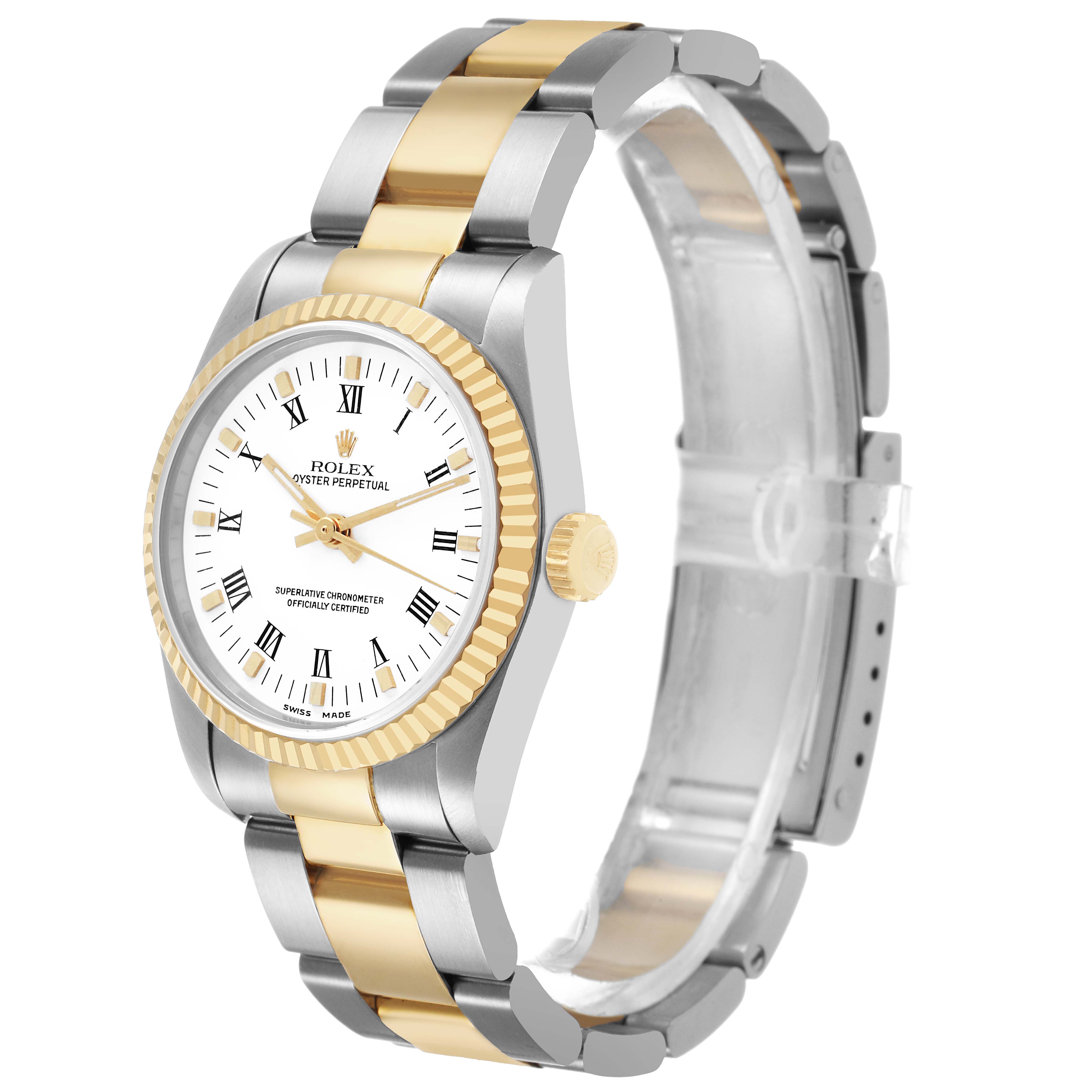 The Rolex Oyster Perpetual 67513 Women's Steel and Gold (two tone) White Dial watch is shown from a three-quarter angle, displaying its two-tone gold and silver case and bracelet.