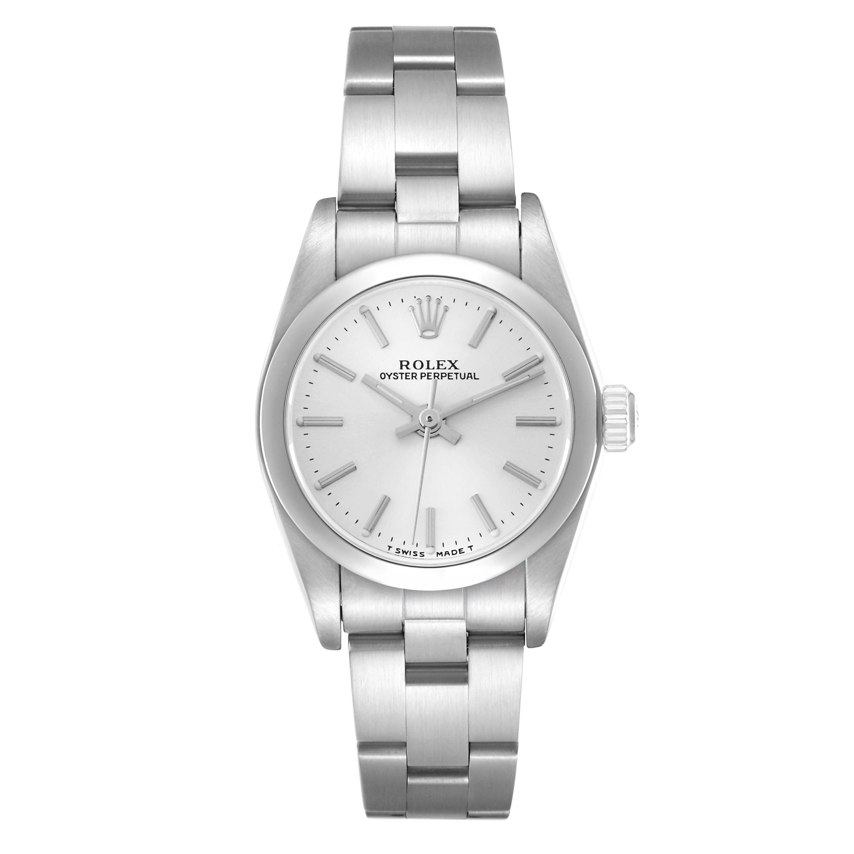 The Rolex Oyster Perpetual 76080 Women
s Stainless Steel Silver Dial 76080 Women
s Stainless Steel Silver Dial watch is shown from a top-down angle, displaying the dial, case, and bracelet.