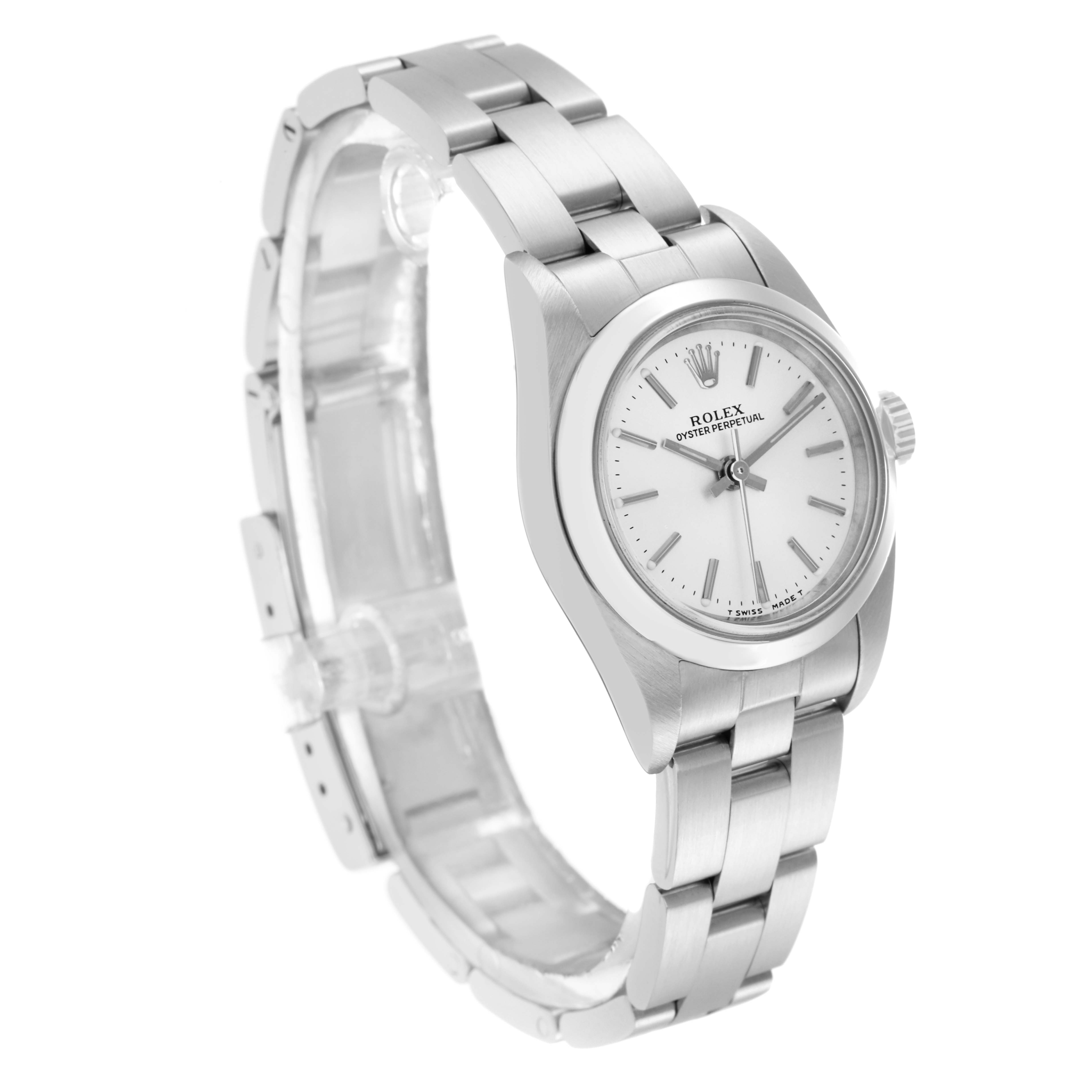 The Rolex Oyster Perpetual 76080 Women
s Stainless Steel Silver Dial 76080 Women
s Stainless Steel Silver Dial watch is shown at a three-quarter angle, displaying the face, bezel, and bracelet.