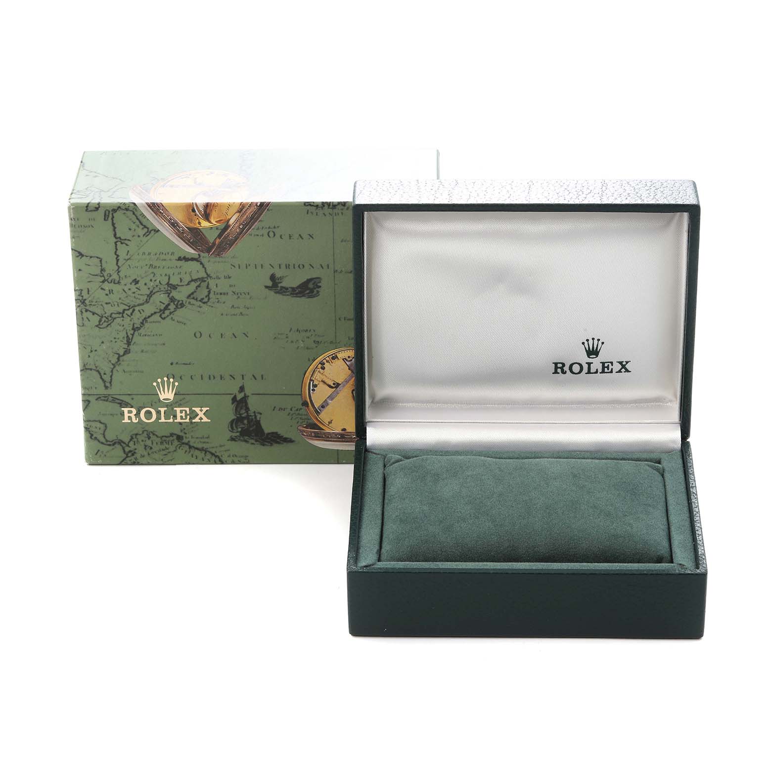 The image shows a Rolex Oyster Perpetual 76080 Women
s Stainless Steel Silver Dial 76080 Women
s Stainless Steel Silver Dial watch box at an angle, highlighting its exterior and interior cushion.