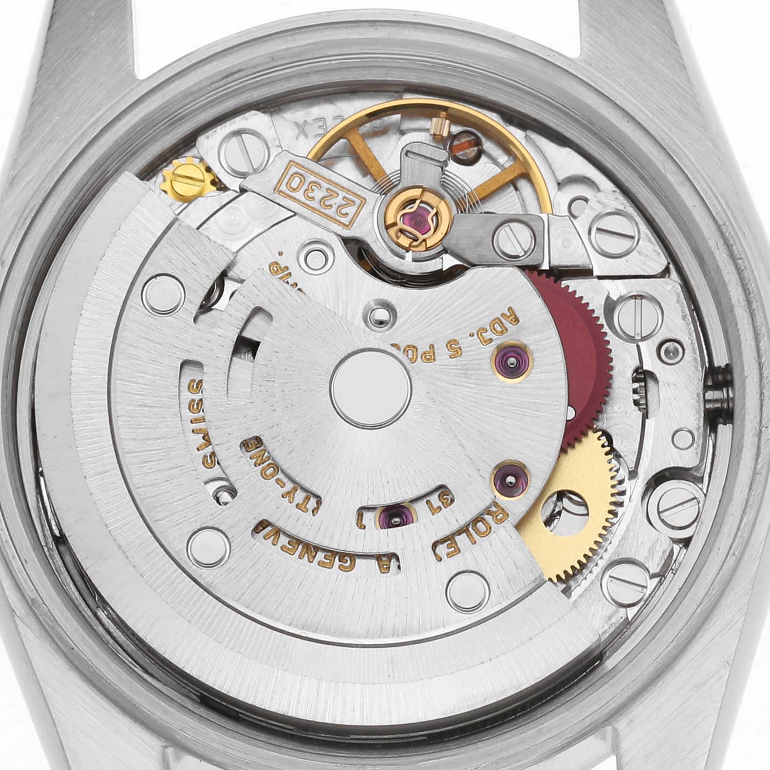 The image shows the movement and internal mechanism of a Rolex Oyster Perpetual 76080 Women
s Stainless Steel Silver Dial 76080 Women
s Stainless Steel Silver Dial watch from a top-down angle.