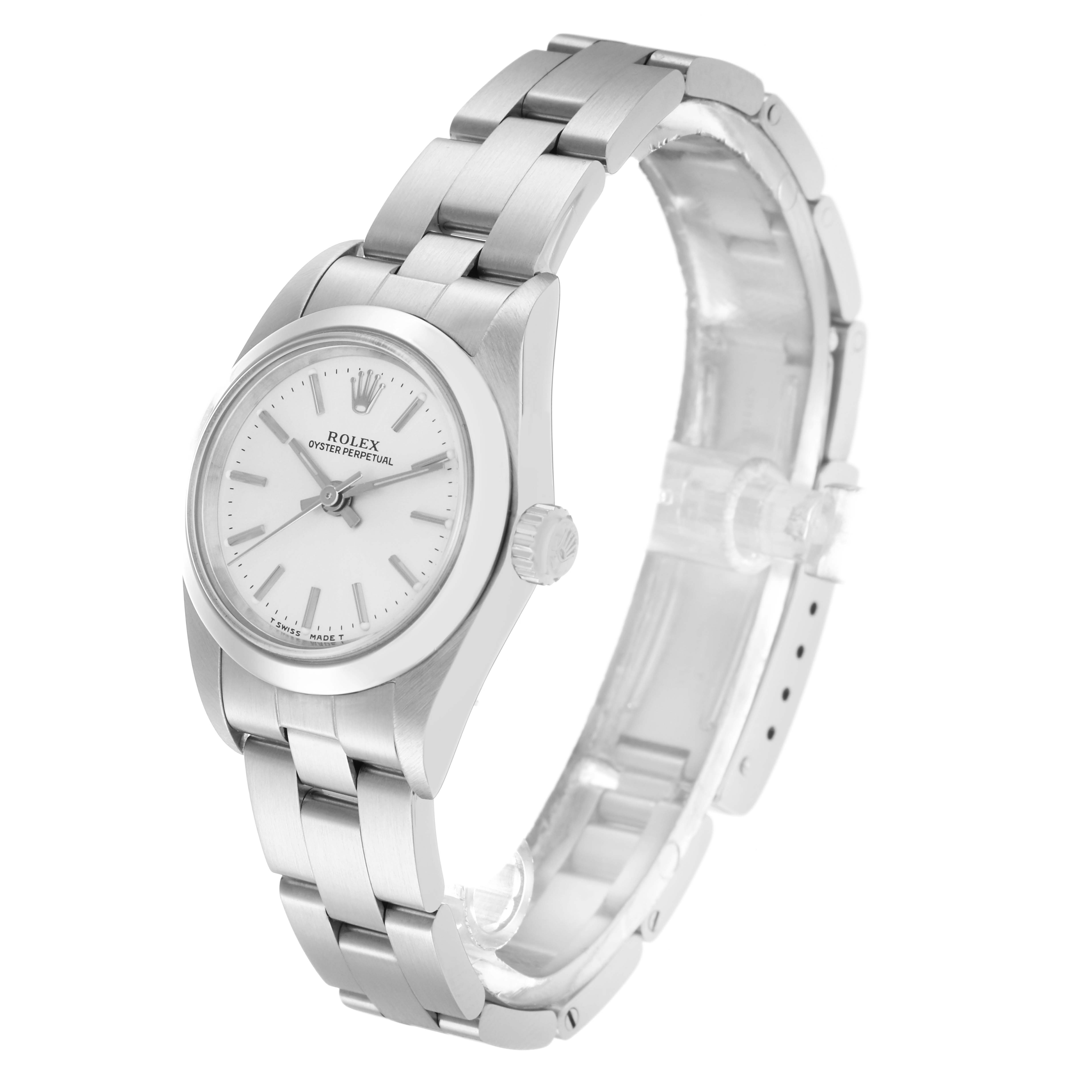 The Rolex Oyster Perpetual 76080 Women
s Stainless Steel Silver Dial 76080 Women
s Stainless Steel Silver Dial is shown at a three-quarter angle, displaying the face, case, bezel, crown, and bracelet.