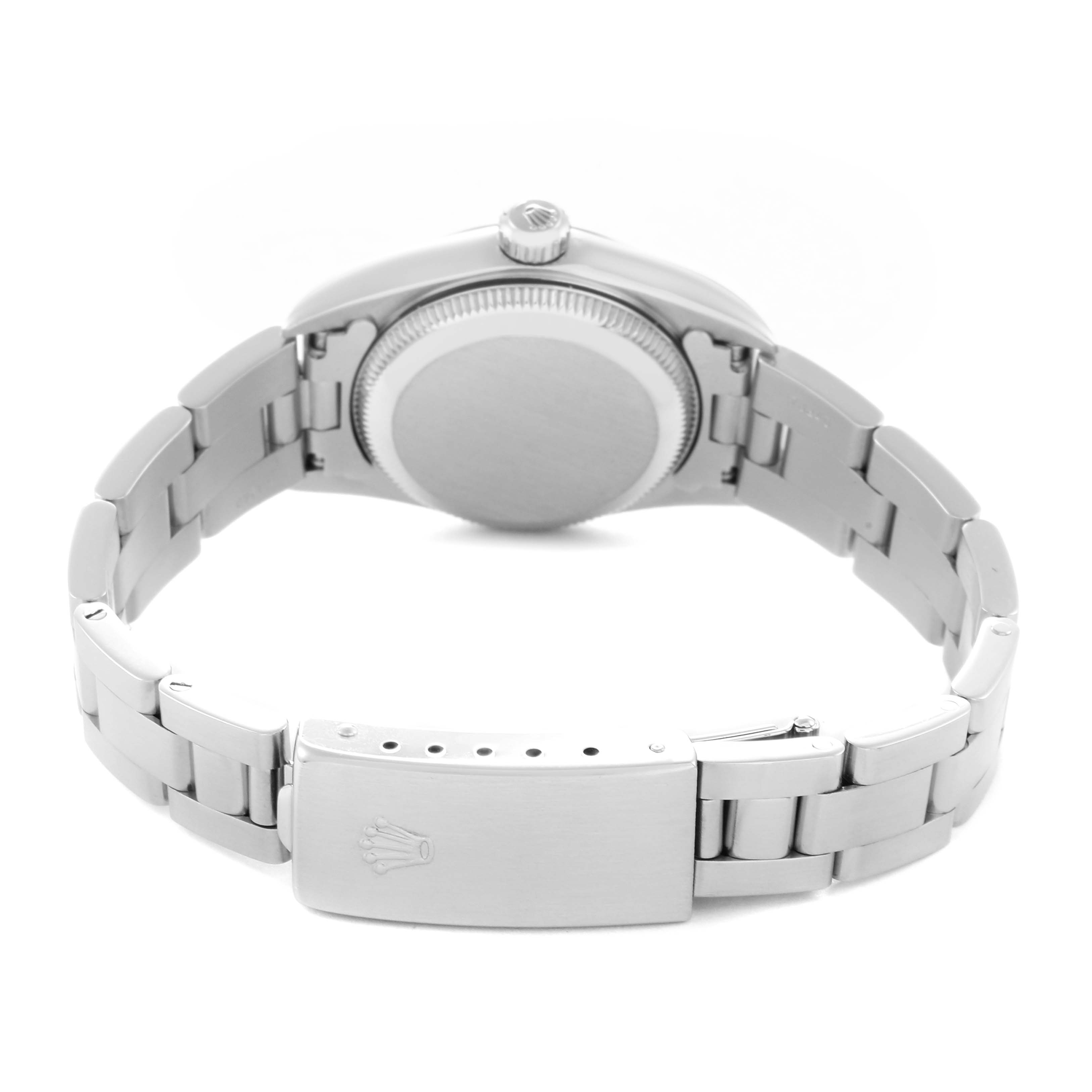 The image shows the back and side profile of a Rolex Oyster Perpetual 76080 Women
s Stainless Steel Silver Dial 76080 Women
s Stainless Steel Silver Dial watch, highlighting its bracelet and clasp.