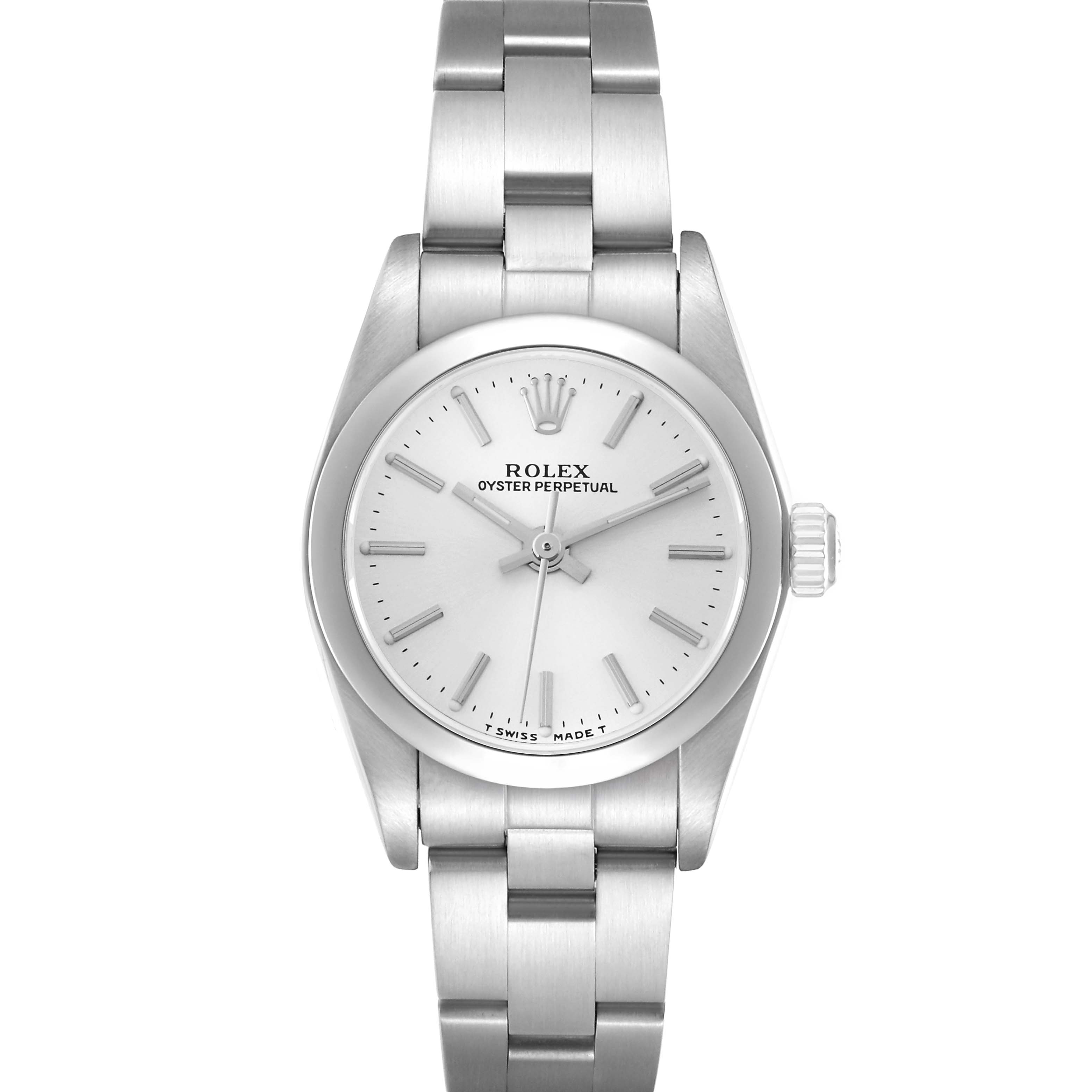 The Rolex Oyster Perpetual 76080 Women
s Stainless Steel Silver Dial 76080 Women
s Stainless Steel Silver Dial watch is shown from a front angle, displaying the dial, bezel, and bracelet.