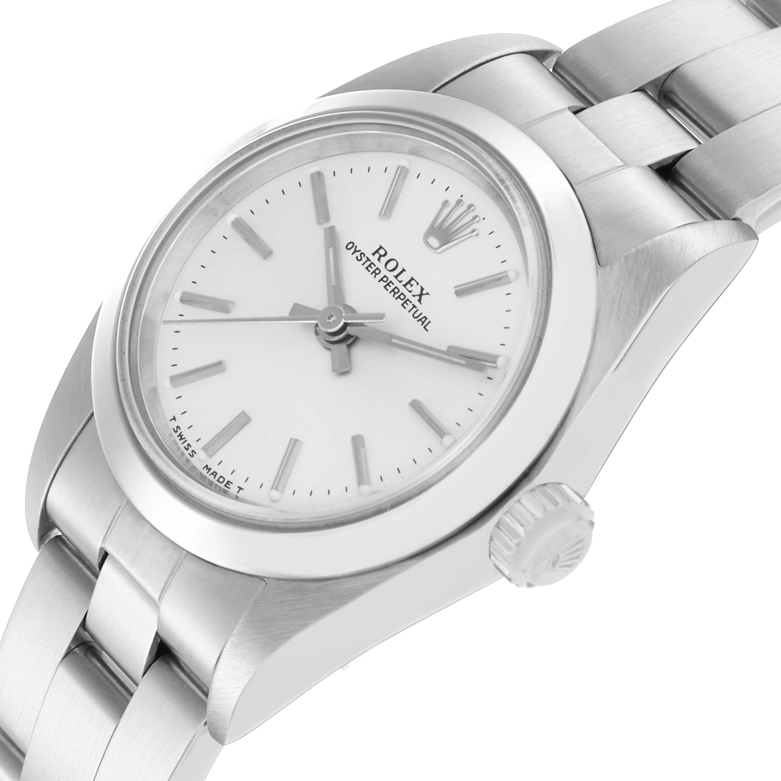 The Rolex Oyster Perpetual 76080 Women
s Stainless Steel Silver Dial 76080 Women
s Stainless Steel Silver Dial is shown at an angled top view, highlighting the face, markers, crown, and part of the bracelet.