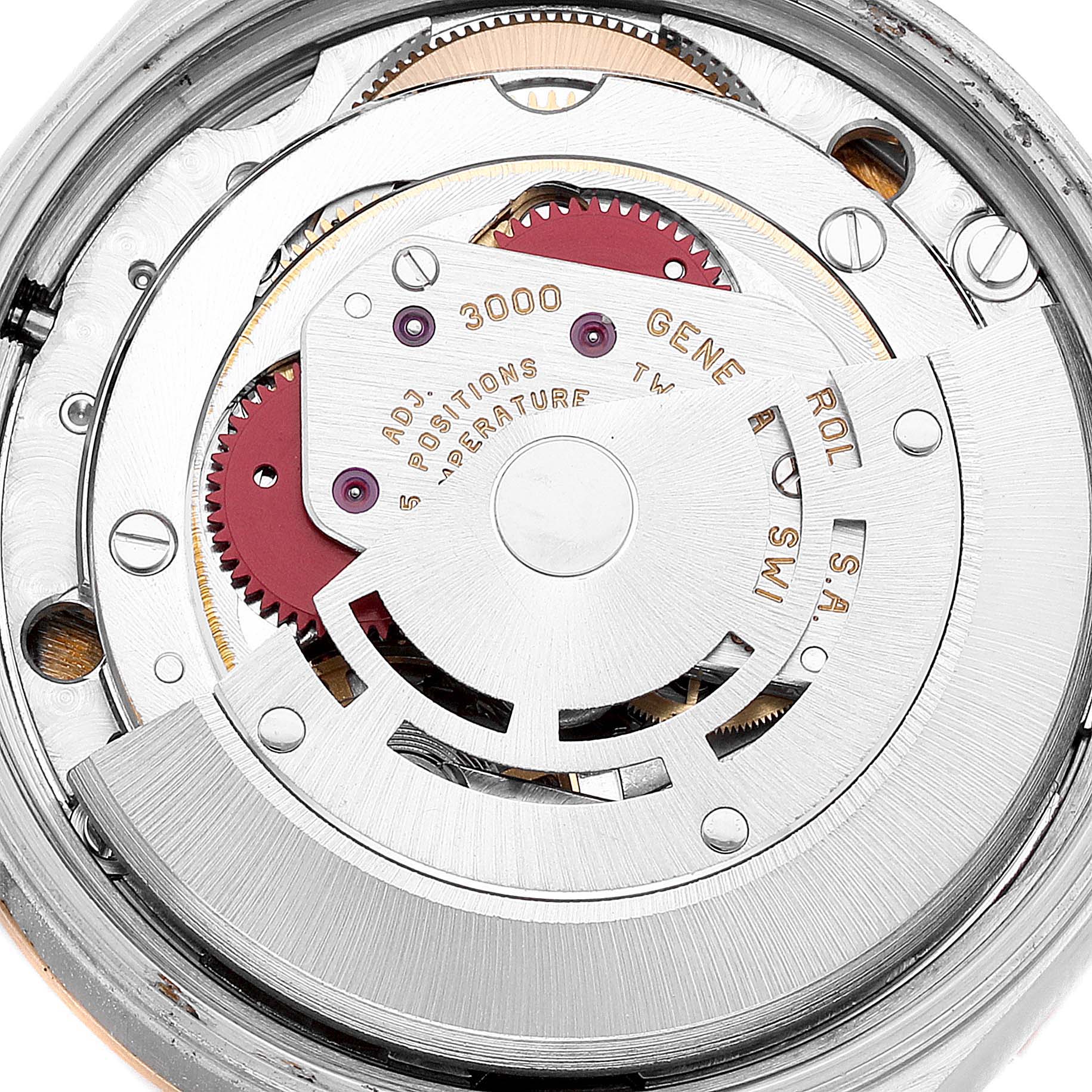 This image shows a close-up of the Rolex Oyster Perpetual 14233 Men's Steel and Gold (two tone) Champagne Dial 14233 Men's Steel and Gold (two tone) Champagne Dial watch movement from an overhead angle.