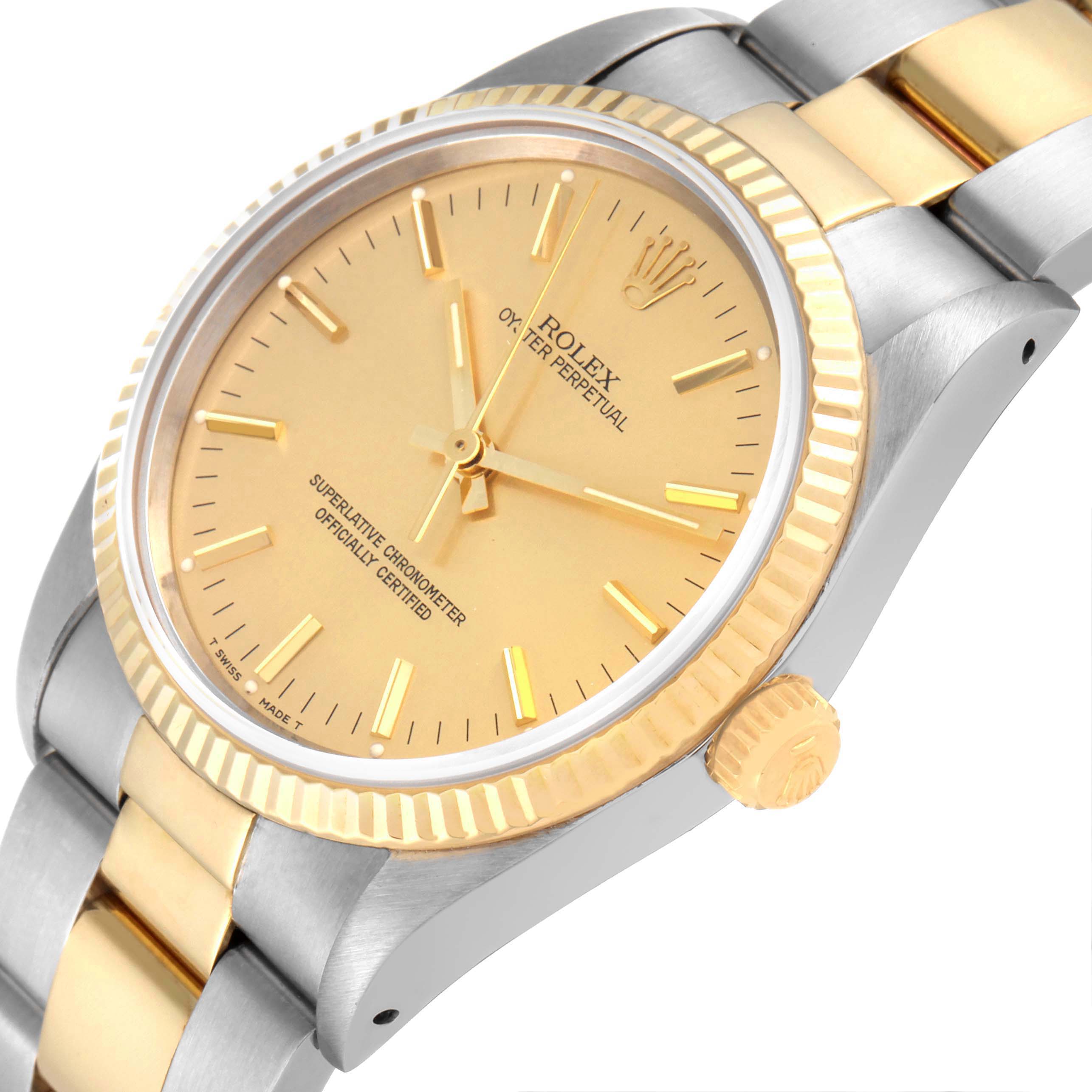 The image shows a Rolex Oyster Perpetual 14233 Men's Steel and Gold (two tone) Champagne Dial 14233 Men's Steel and Gold (two tone) Champagne Dial watch at an angled view, highlighting the dial, bezel, crown, and part of the bracelet.
