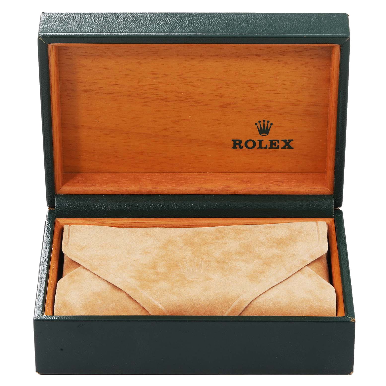 The image shows an open Rolex box, possibly for the Oyster Perpetual model, with a suede cover inside.