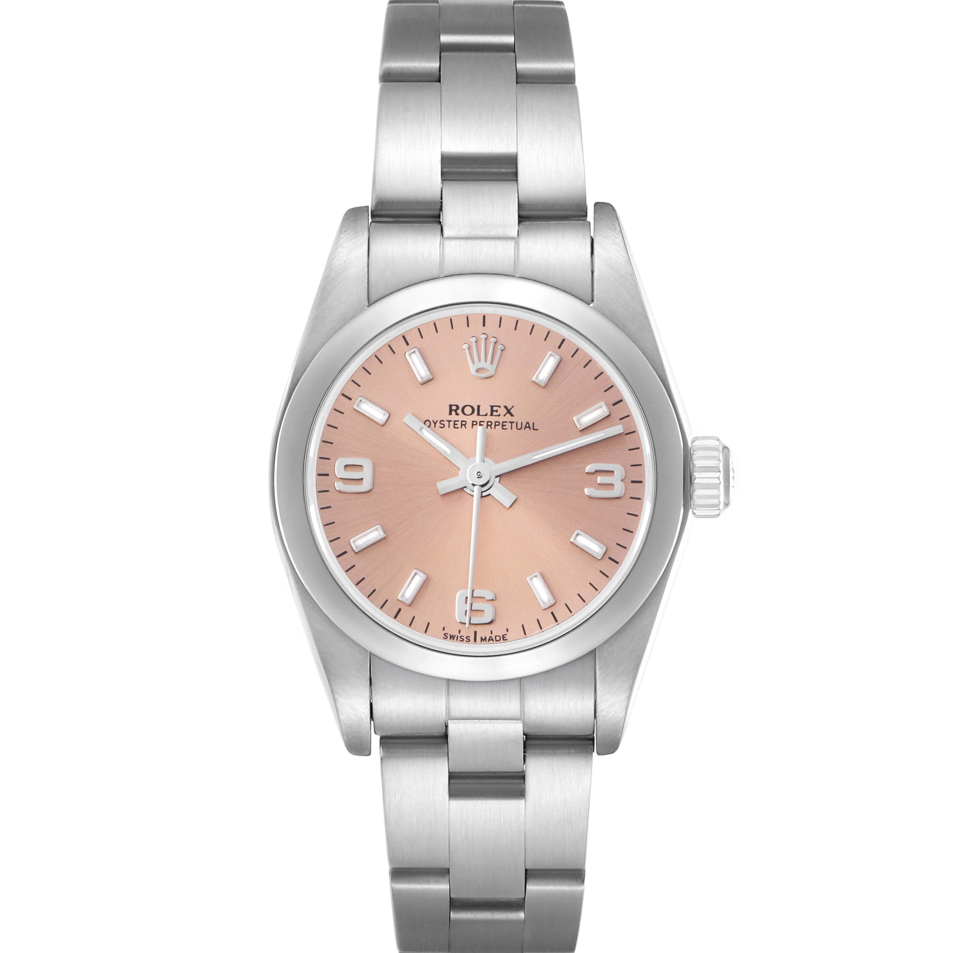 The Rolex Oyster Perpetual 76080 Women
s Stainless Steel Pink Dial 76080 Women
s Stainless Steel Pink Dial watch is shown from a front angle, displaying its dial, bezel, crown, and metal bracelet.