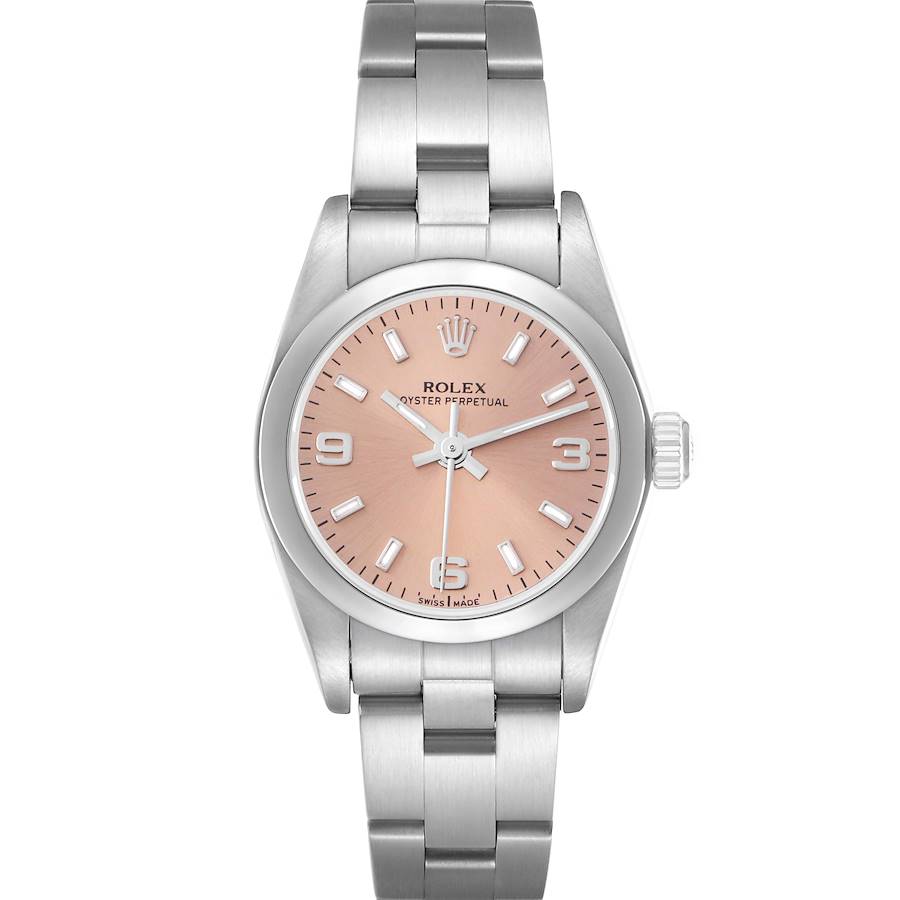 The Rolex Oyster Perpetual watch is shown from a front angle, displaying its dial, bezel, crown, and metal bracelet.