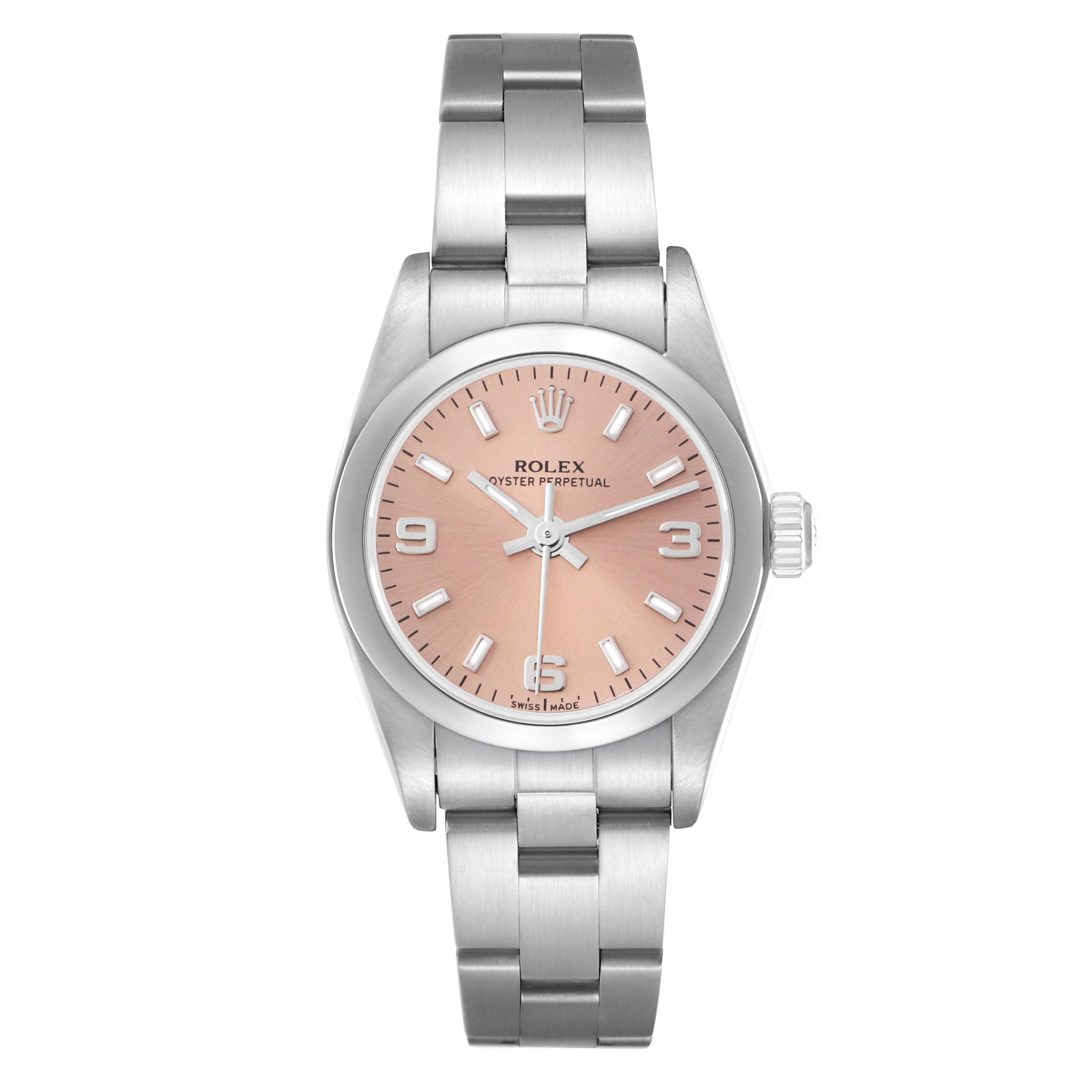 The Rolex Oyster Perpetual 76080 Women
s Stainless Steel Pink Dial 76080 Women
s Stainless Steel Pink Dial watch is shown from a straight-on angle, displaying the dial, case, crown, and bracelet fully.