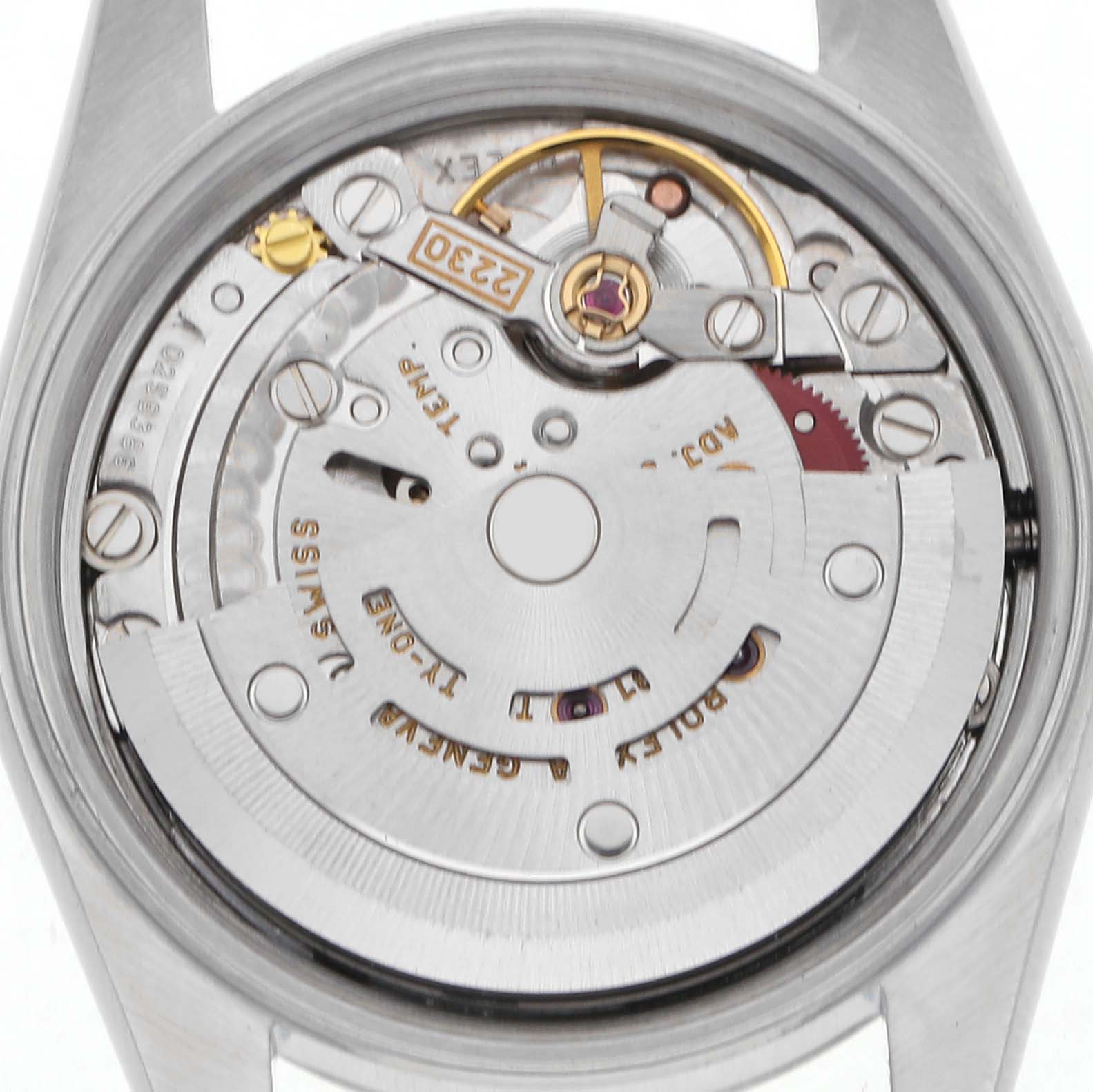 The image shows the movement mechanism of a Rolex Oyster Perpetual 76080 Women
s Stainless Steel Pink Dial 76080 Women
s Stainless Steel Pink Dial watch viewed from the back.