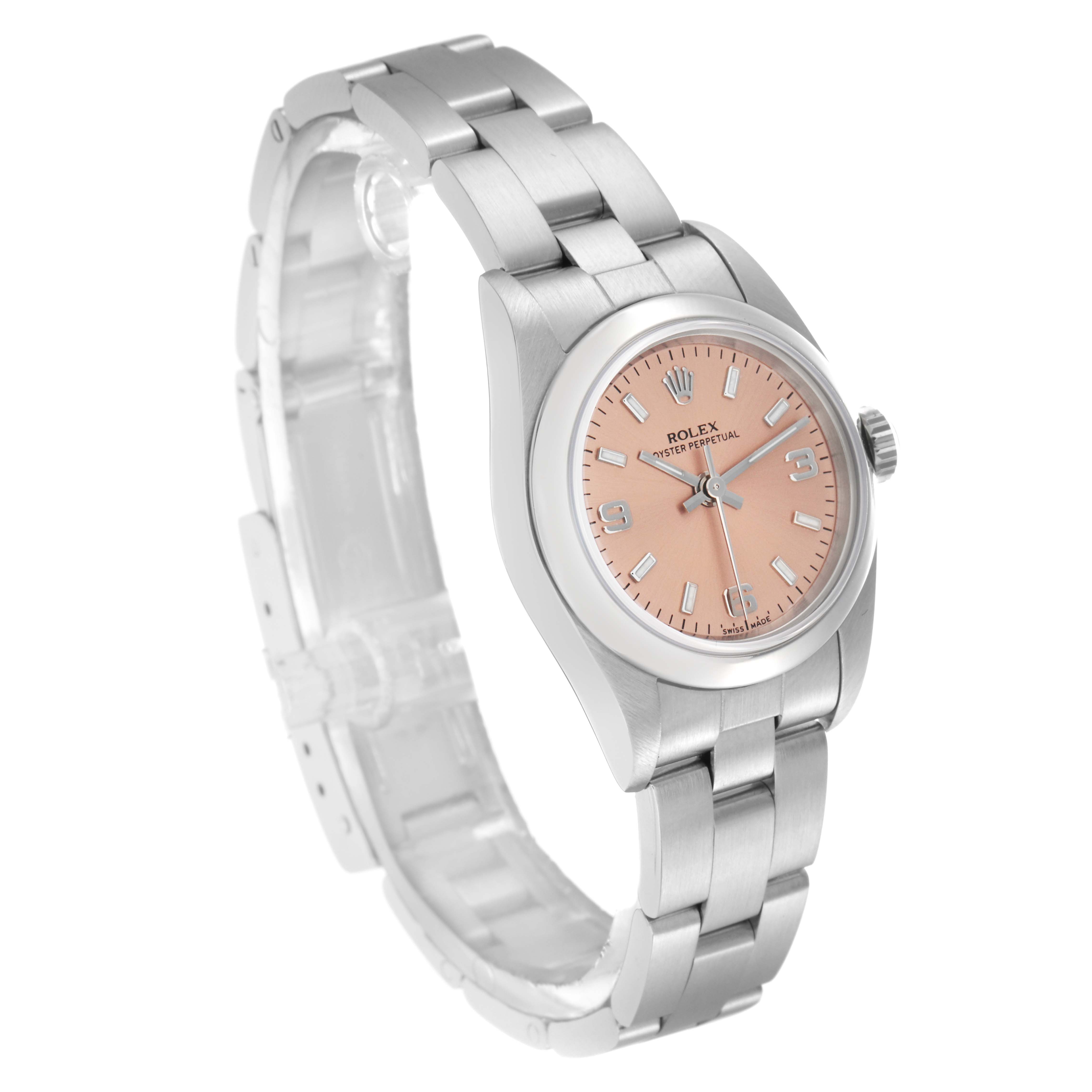 The Rolex Oyster Perpetual 76080 Women
s Stainless Steel Pink Dial 76080 Women
s Stainless Steel Pink Dial watch is shown at a three-quarter angle, highlighting the bracelet, case, and pink dial.