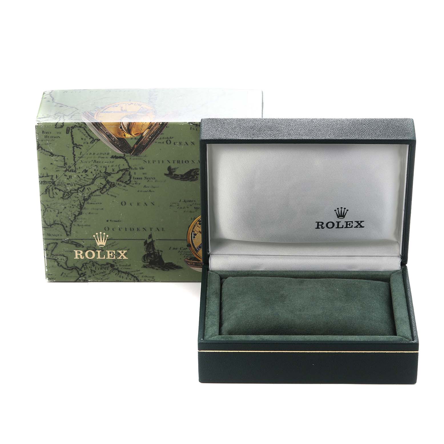 The image shows a Rolex Oyster Perpetual 76080 Women
s Stainless Steel Pink Dial 76080 Women
s Stainless Steel Pink Dial watch box with its lid open, alongside an outer packaging box.