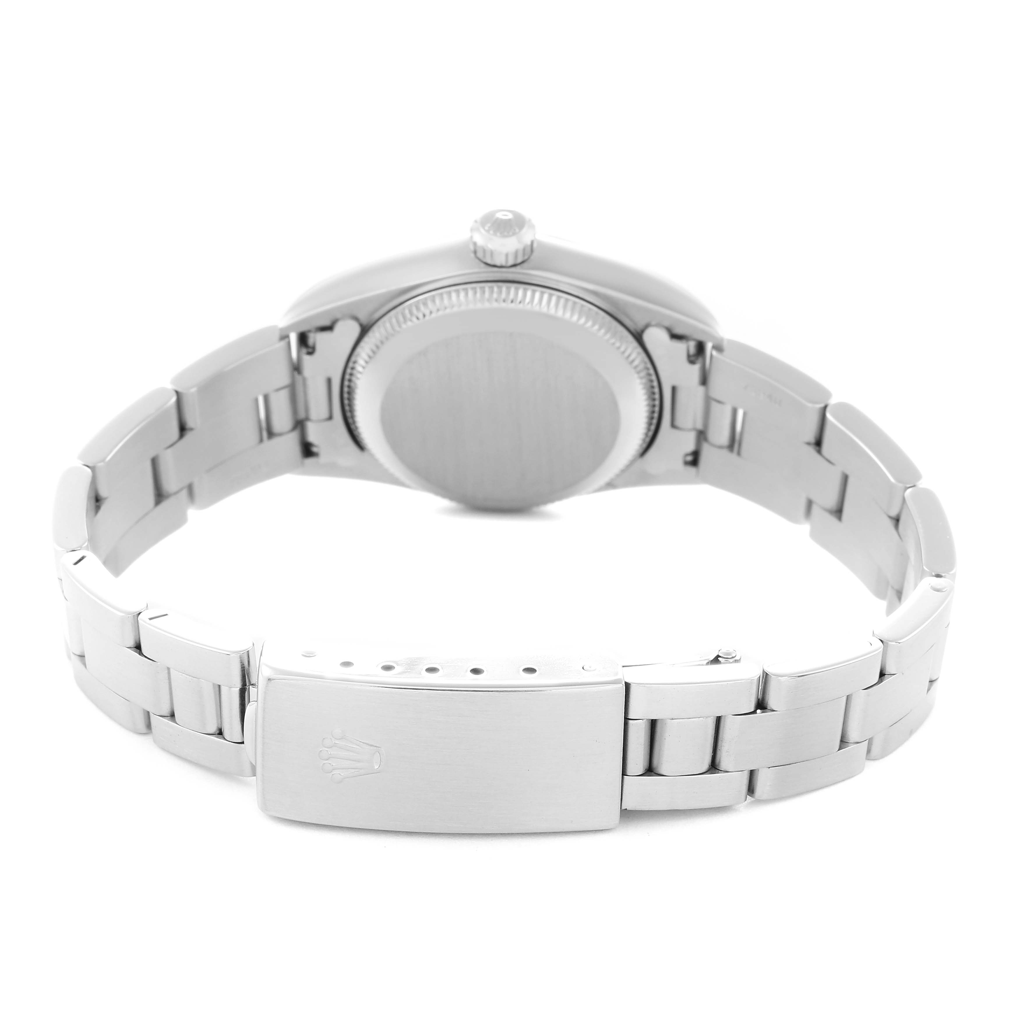 The Rolex Oyster Perpetual 76080 Women
s Stainless Steel Pink Dial 76080 Women
s Stainless Steel Pink Dial watch is shown from the back, highlighting the case back, crown, and bracelet clasp.