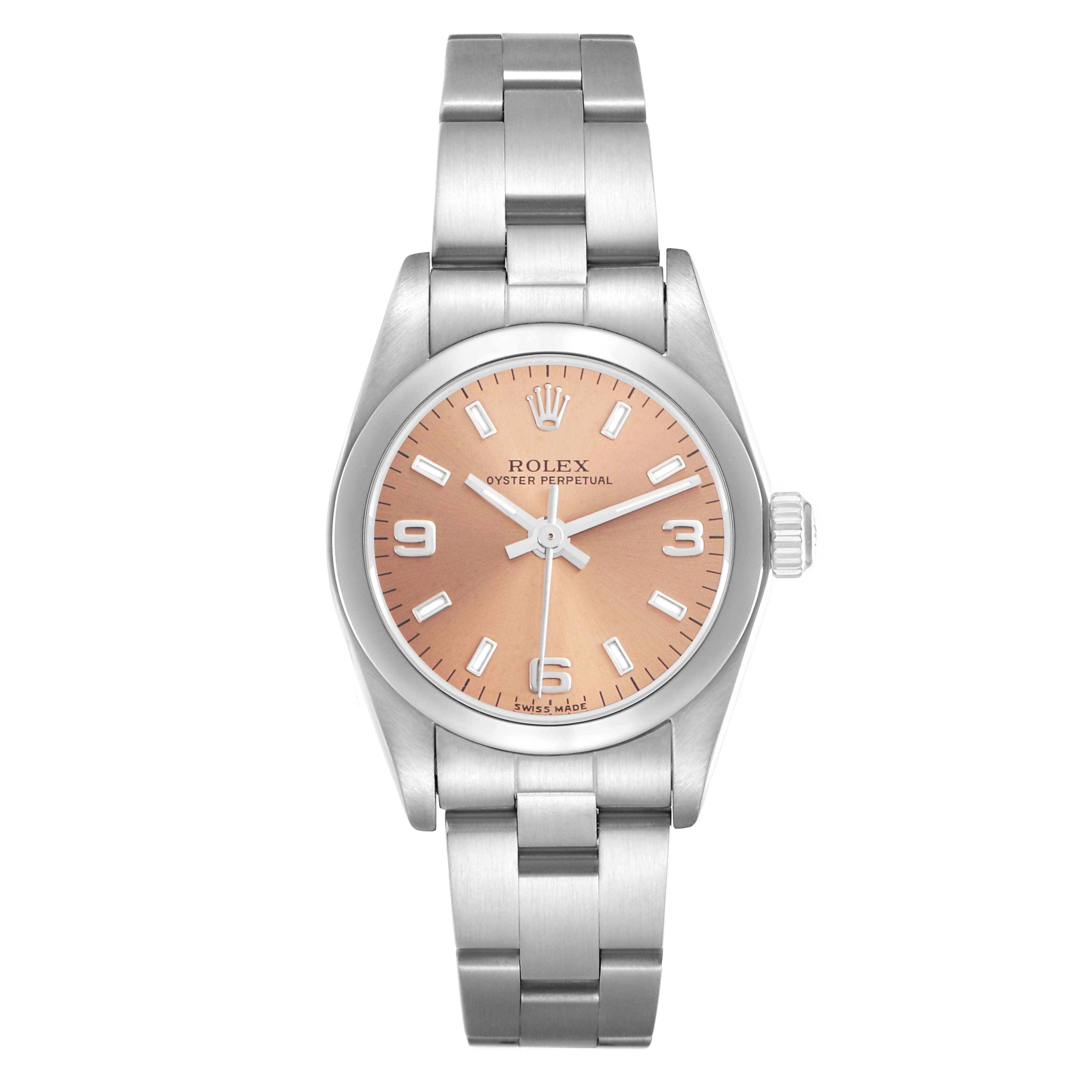 The Rolex Oyster Perpetual 76080 Women
s Stainless Steel Pink Dial 76080 Women
s Stainless Steel Pink Dial watch is shown from a top-down angle, highlighting the dial, bezel, case, and bracelet.
