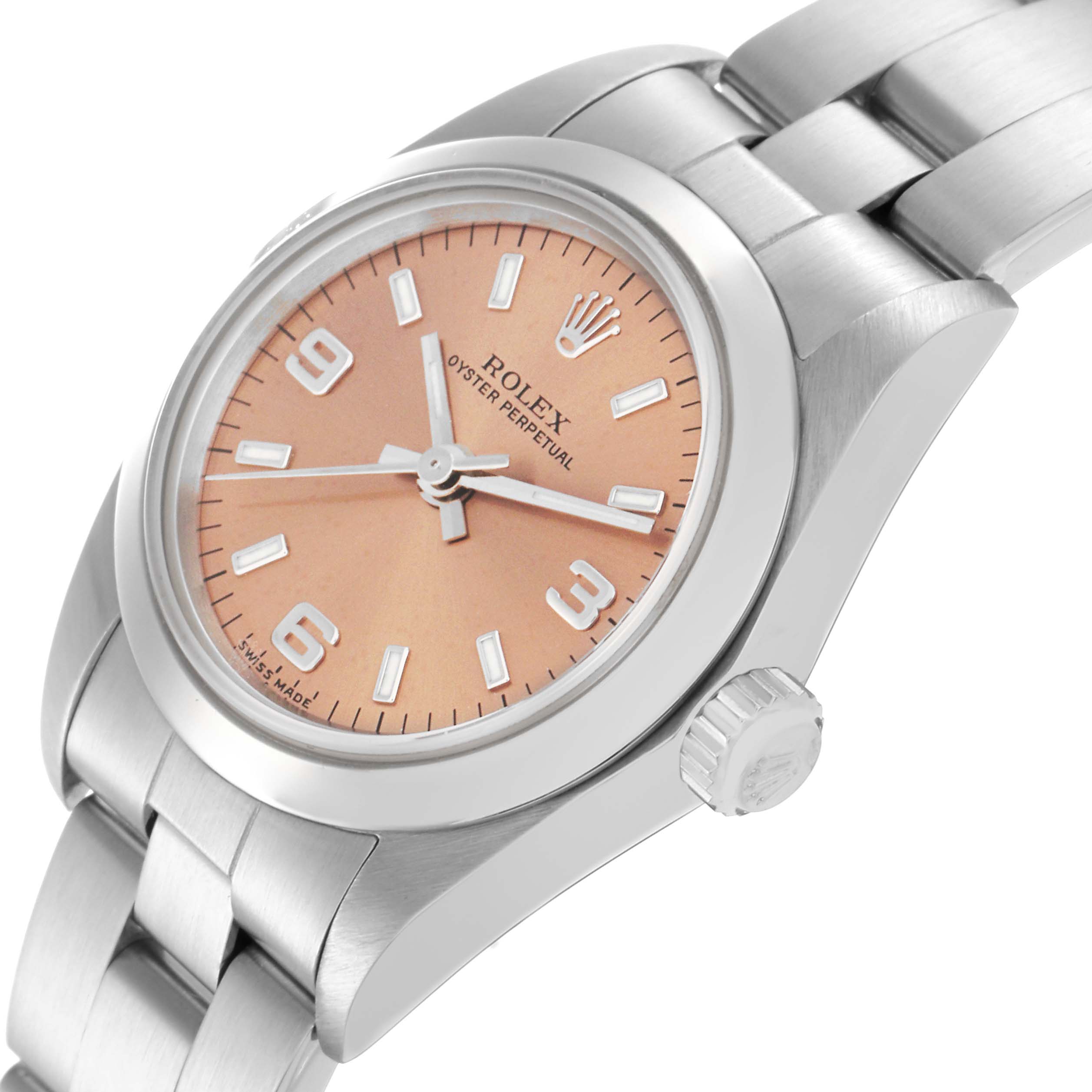 The Rolex Oyster Perpetual 76080 Women
s Stainless Steel Pink Dial 76080 Women
s Stainless Steel Pink Dial watch is shown at an angled side view, highlighting the crown, dial, and part of the bracelet.