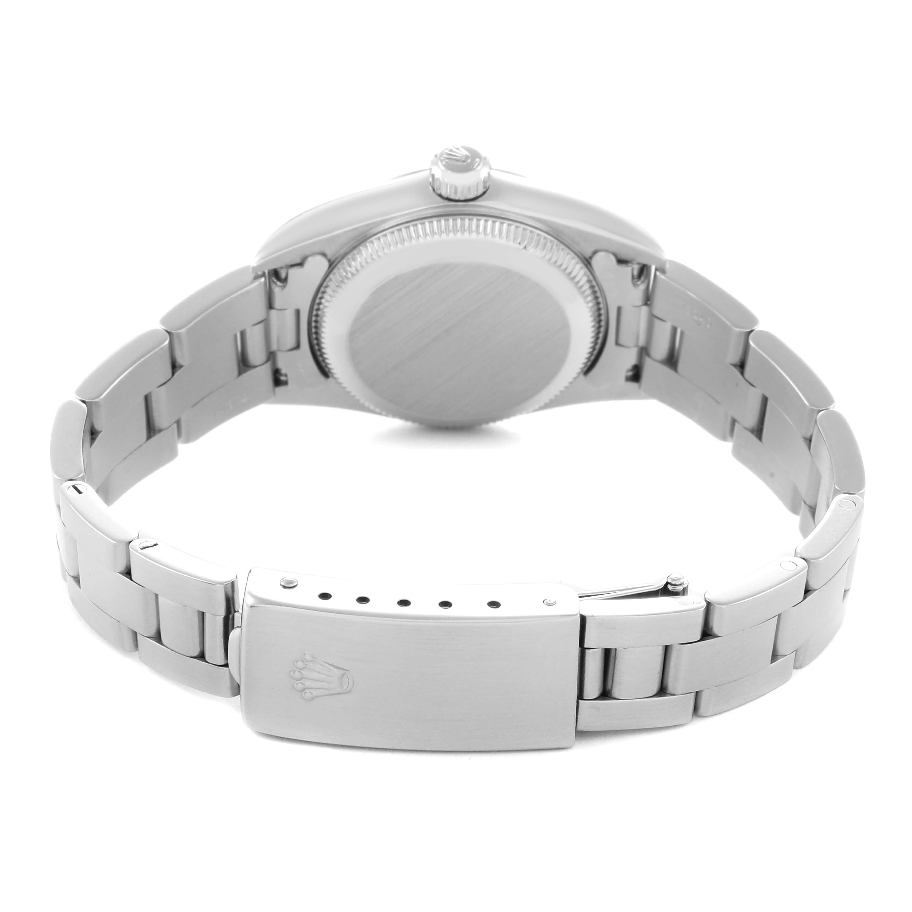 The image shows the back case, bracelet, and clasp of a Rolex Oyster Perpetual 76080 Women
s Stainless Steel Pink Dial 76080 Women
s Stainless Steel Pink Dial watch from a rear angle.