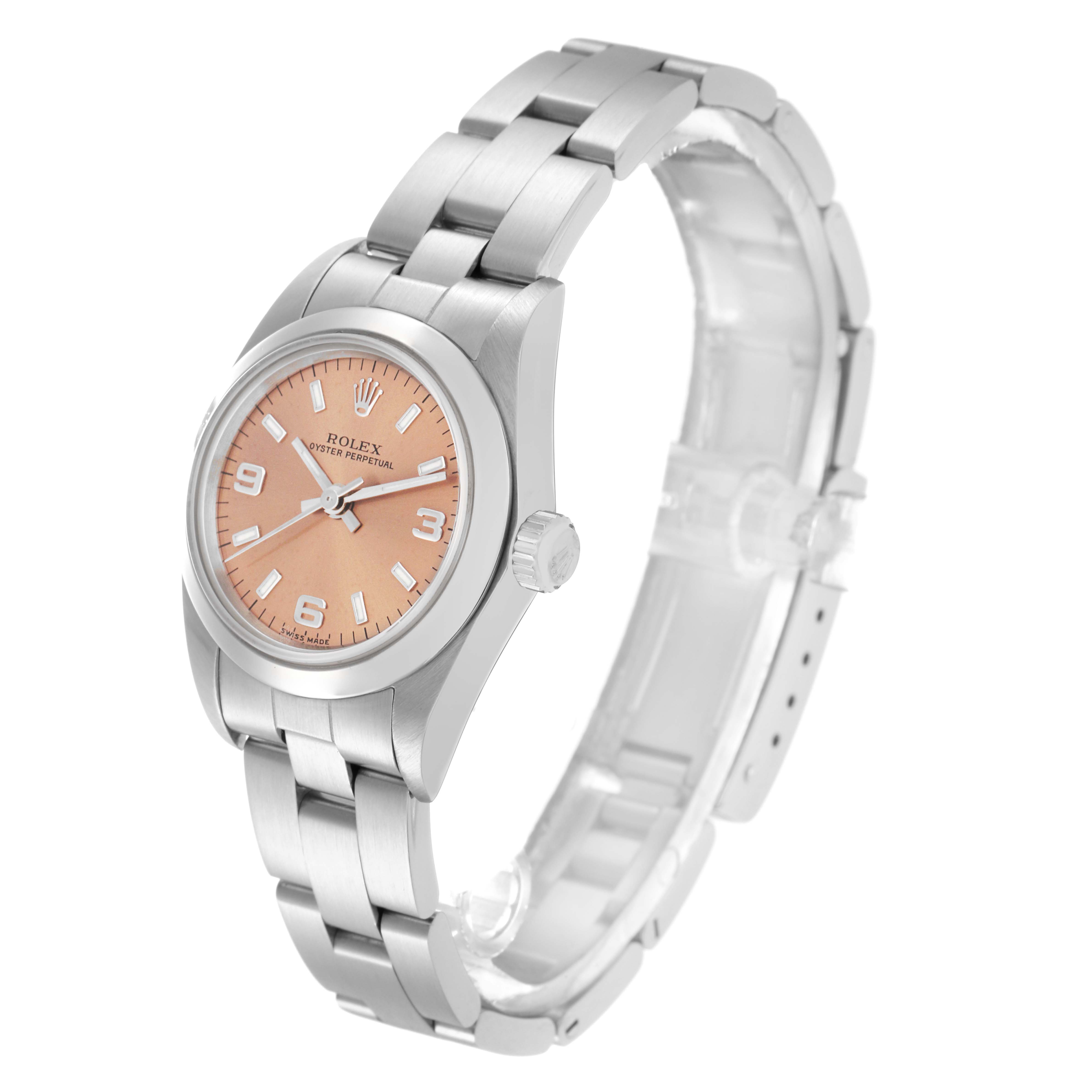 The Rolex Oyster Perpetual 76080 Women
s Stainless Steel Pink Dial 76080 Women
s Stainless Steel Pink Dial watch is shown at a three-quarter angle, highlighting the face, bracelet, and crown.
