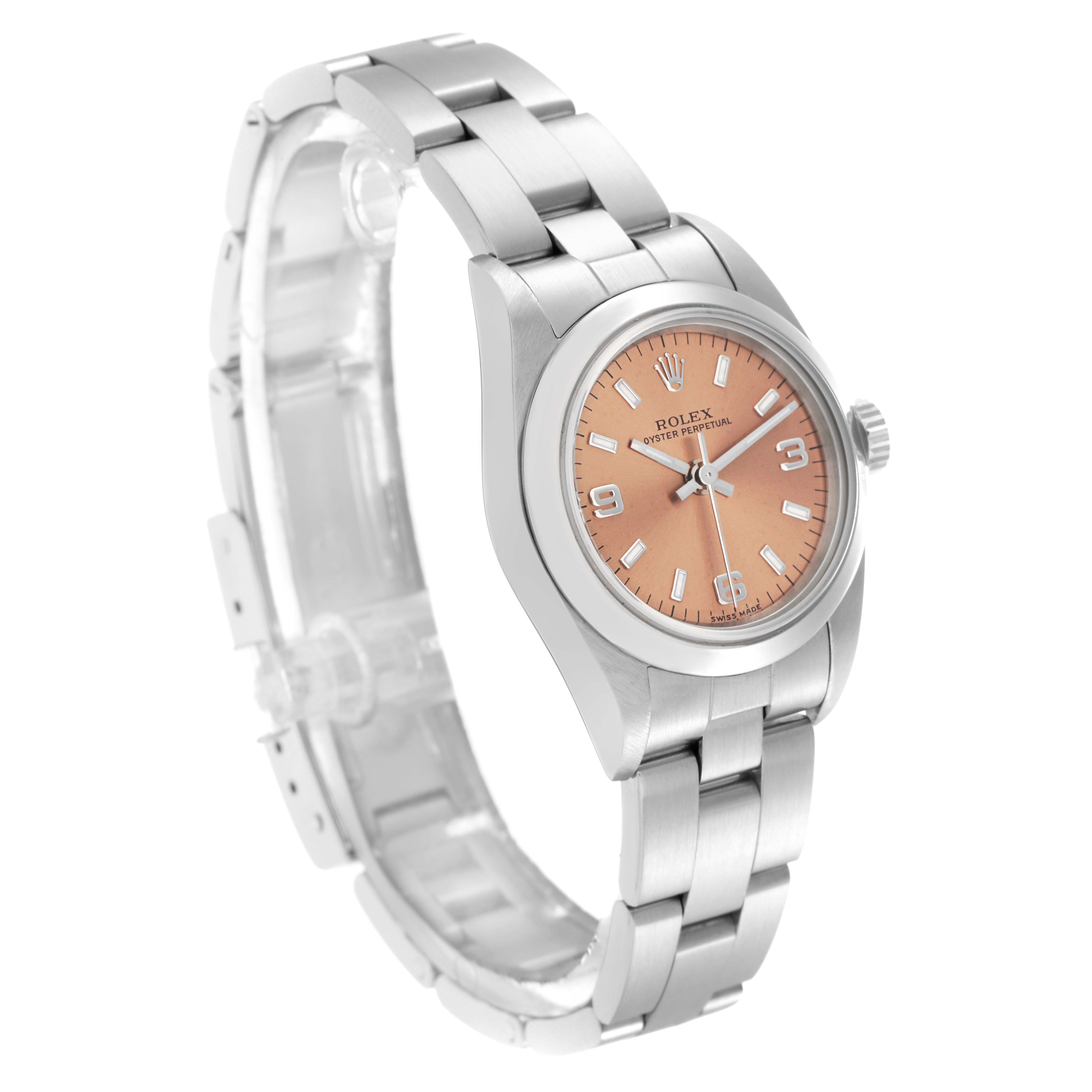 The Rolex Oyster Perpetual 76080 Women
s Stainless Steel Pink Dial 76080 Women
s Stainless Steel Pink Dial watch is shown at a three-quarter angle, highlighting the pink dial, case, and bracelet.